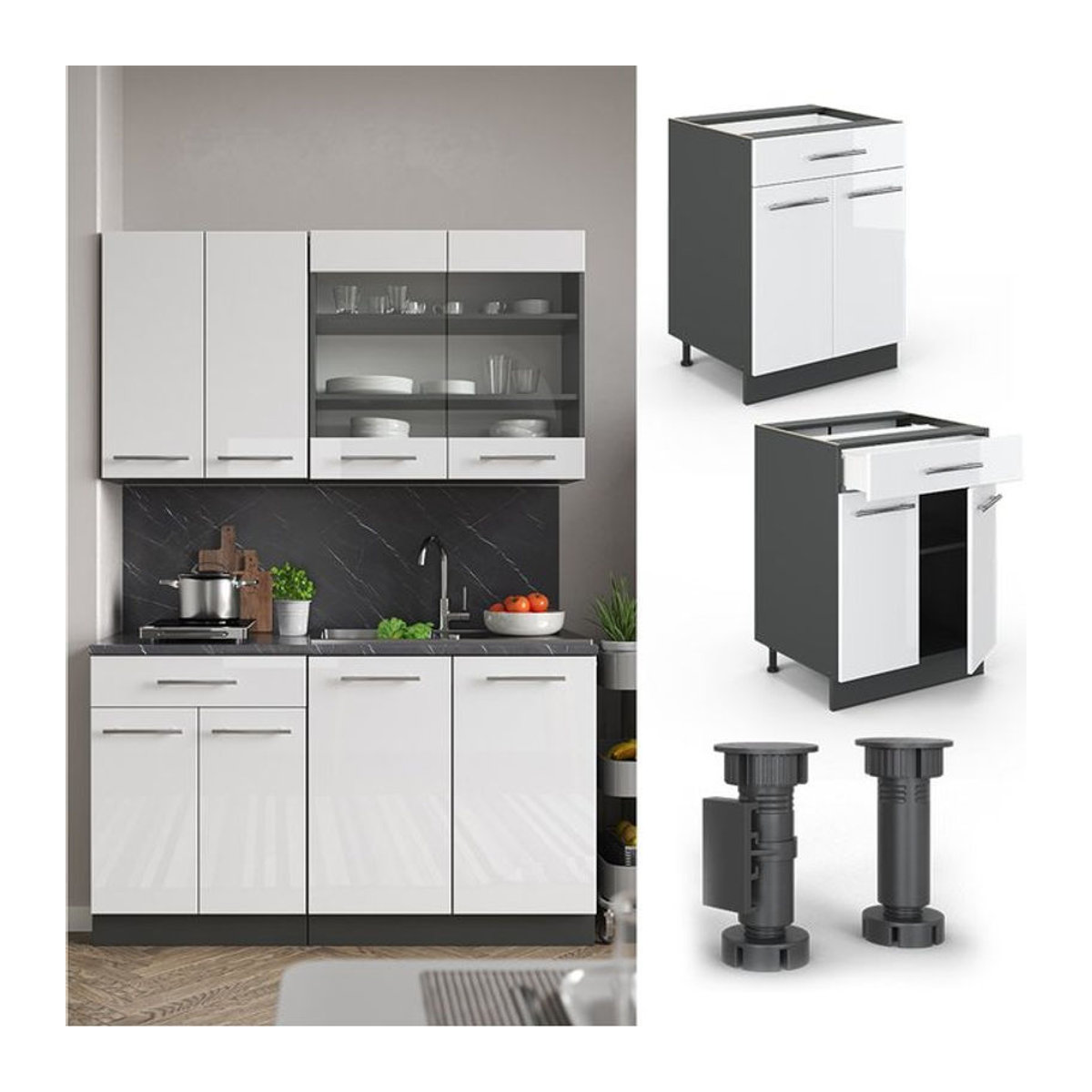 Vicco Fame-Line Küchenunterschrank mit Drehtüren in Weiß Hochglanz, Breite: 60 cm - Bild 1
