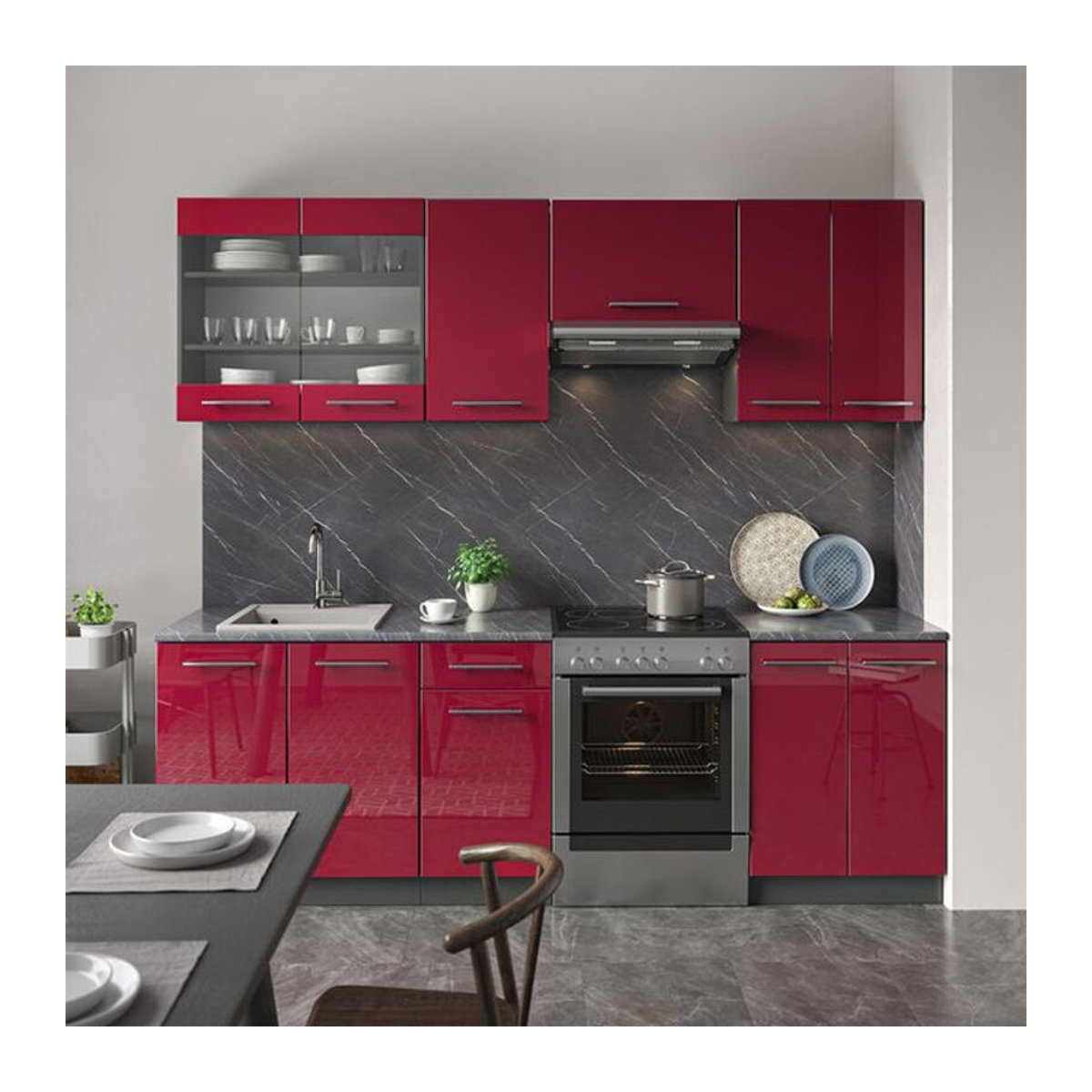 VICCO Fame-Line Küchenzeile in Bordeaux Hochglanz und Anthrazit, moderne Einbauküche aus Holzwerkstoff und Metall mit Drehtüren, Breite: 240 cm - Bild 2