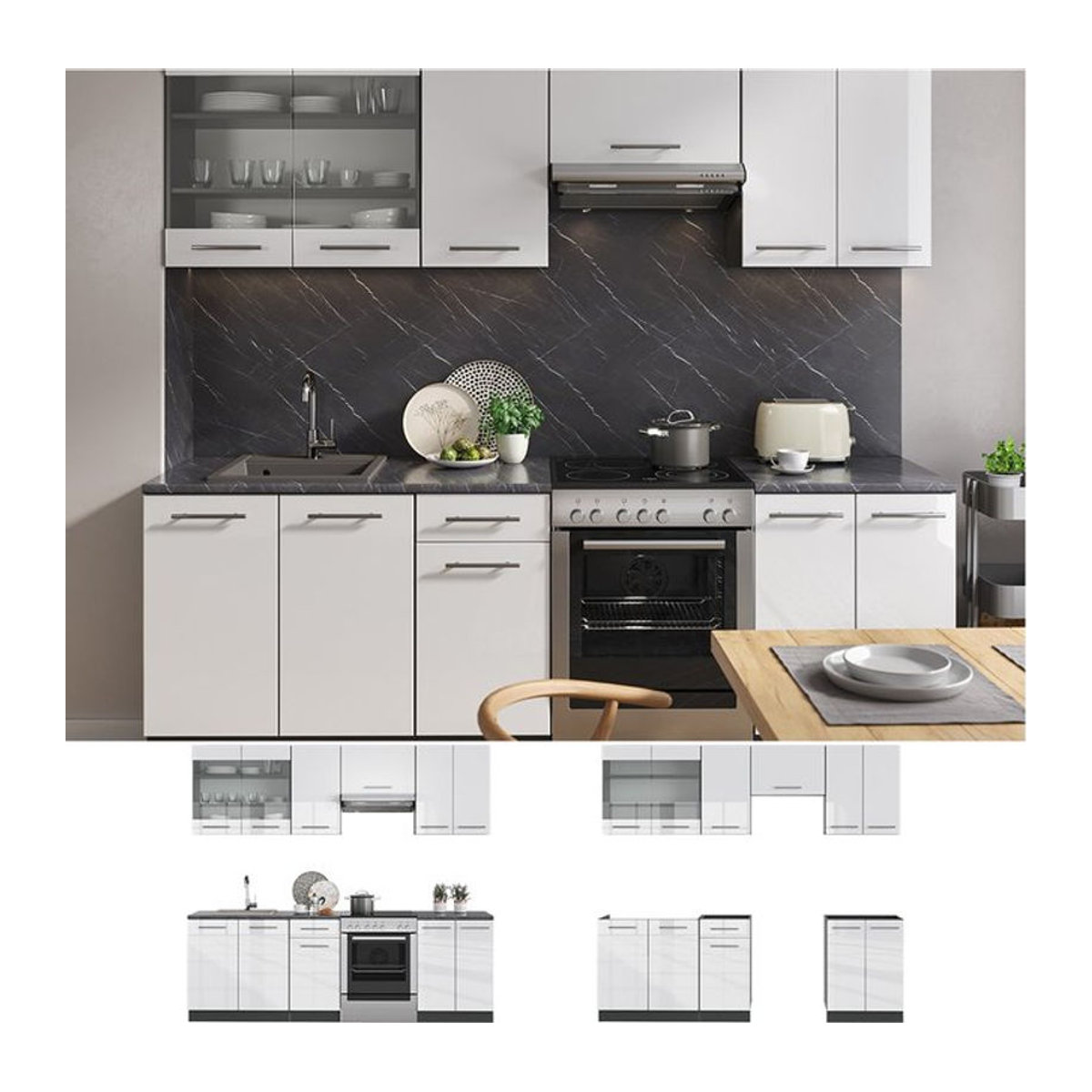 VICCO Fame-Line Küchenzeile in Weiß Hochglanz mit Drehtüren, Breite: 240 cm - Bild 1