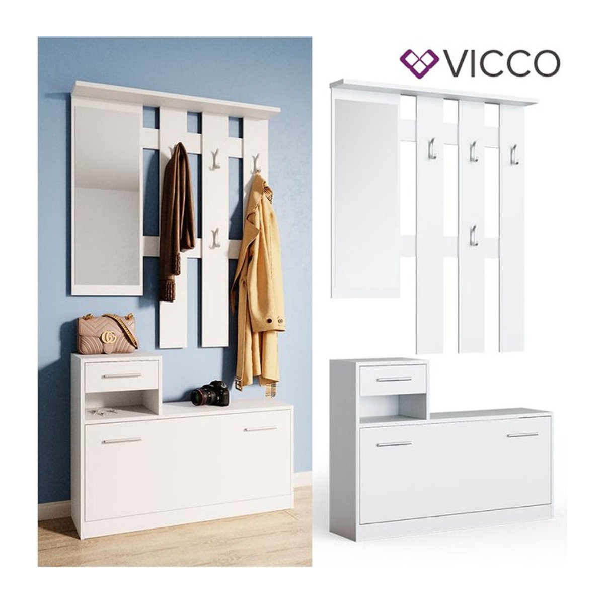 Vicco Flurgarderobe Set Billy in Weiß mit Drehtüren und minimalistischem Design - Bild 1