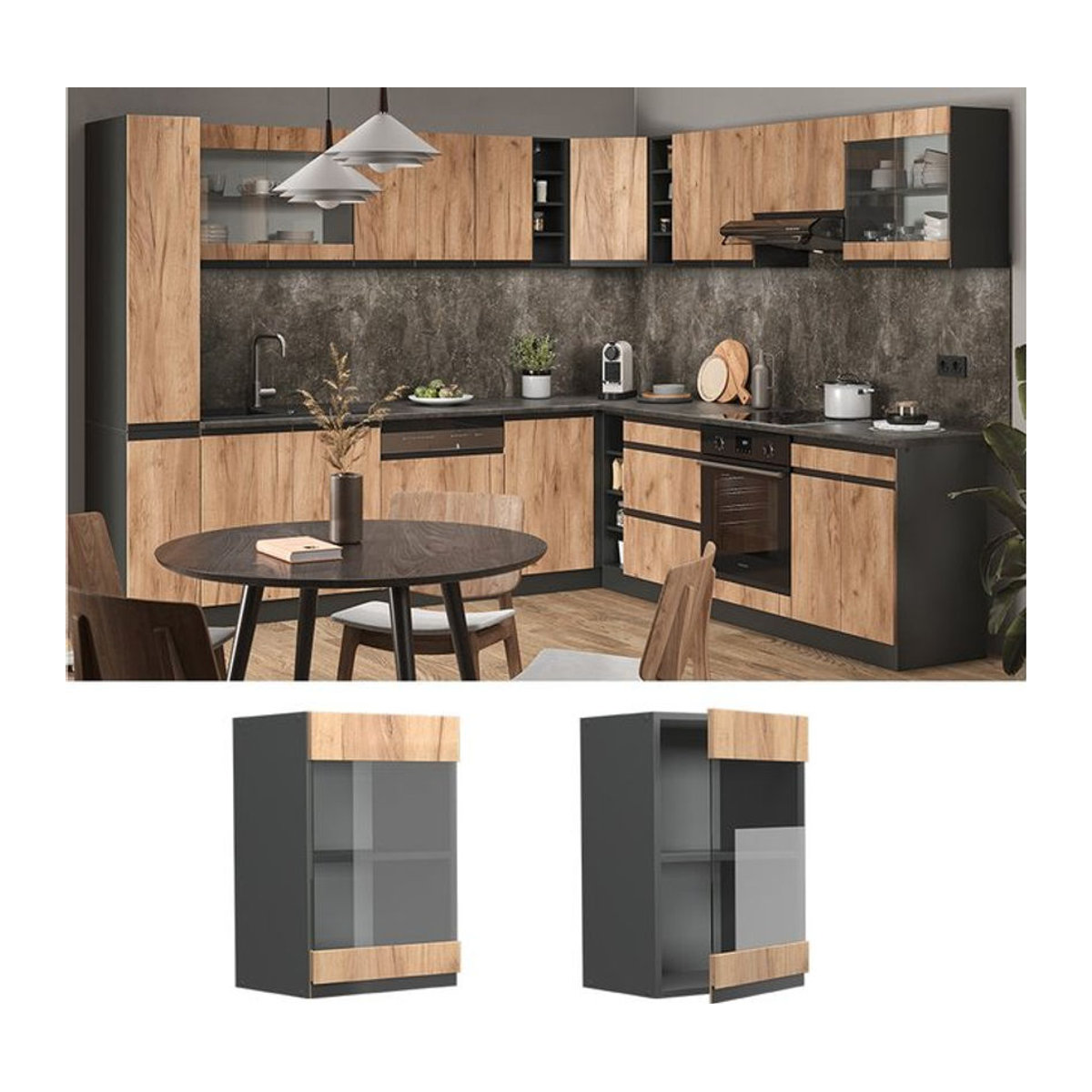 Vicco Glashängeschrank R-Line J-Shape in Anthrazit und Eiche mit Drehtüren, Breite: 40 cm - Bild 1