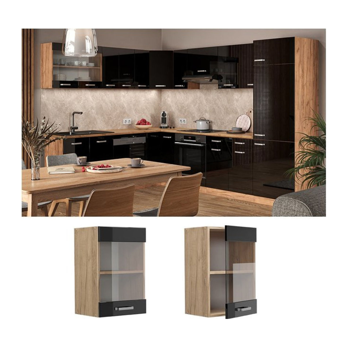 Vicco Glashängeschrank R-Line Modern in Eiche Natur und Schwarz mit Glasfront und Drehtüren, Breite: 40 cm - Bild 1