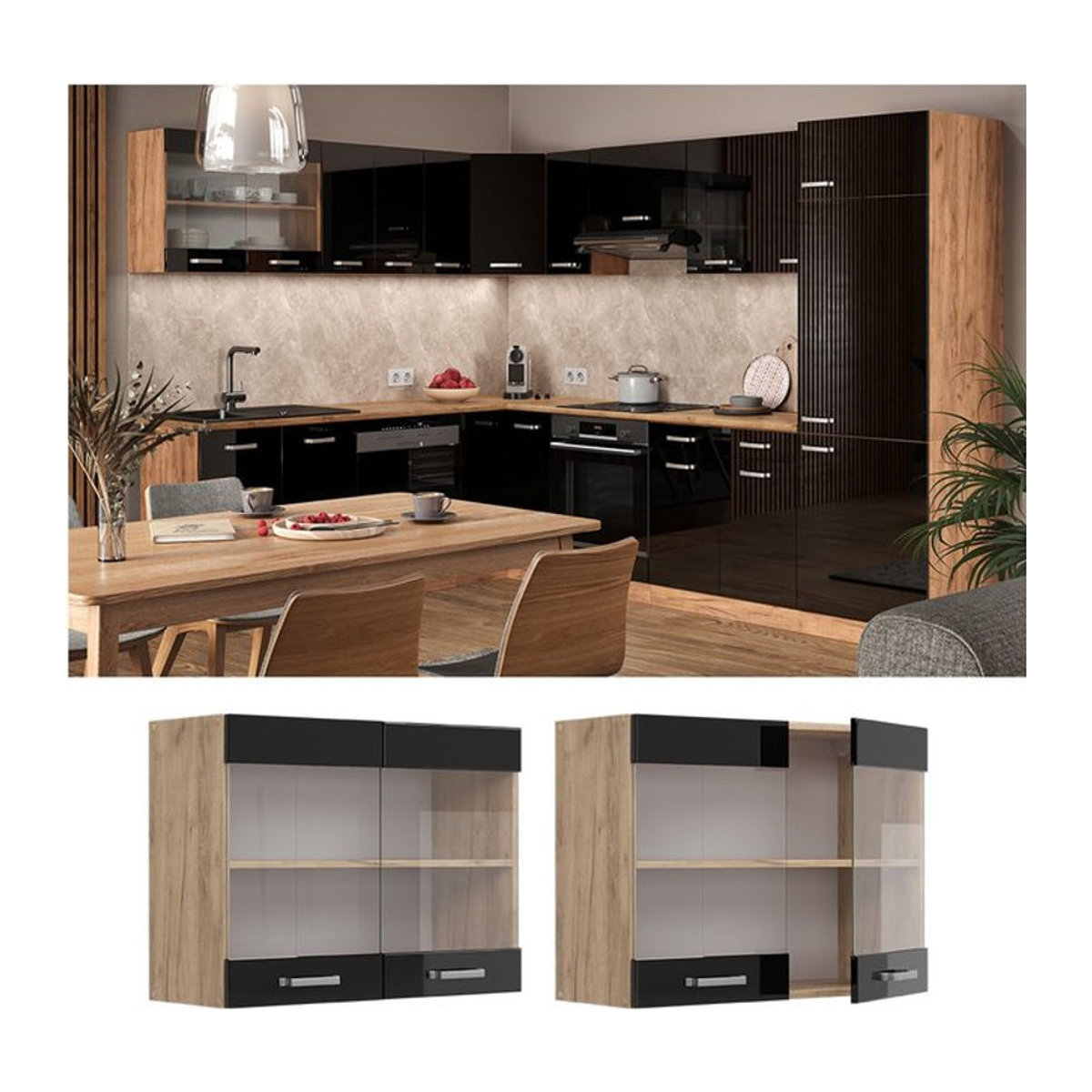 Vicco Glashängeschrank R-Line Modern in Eiche und Schwarz mit Drehtüren, Breite: 80 cm - Bild 1