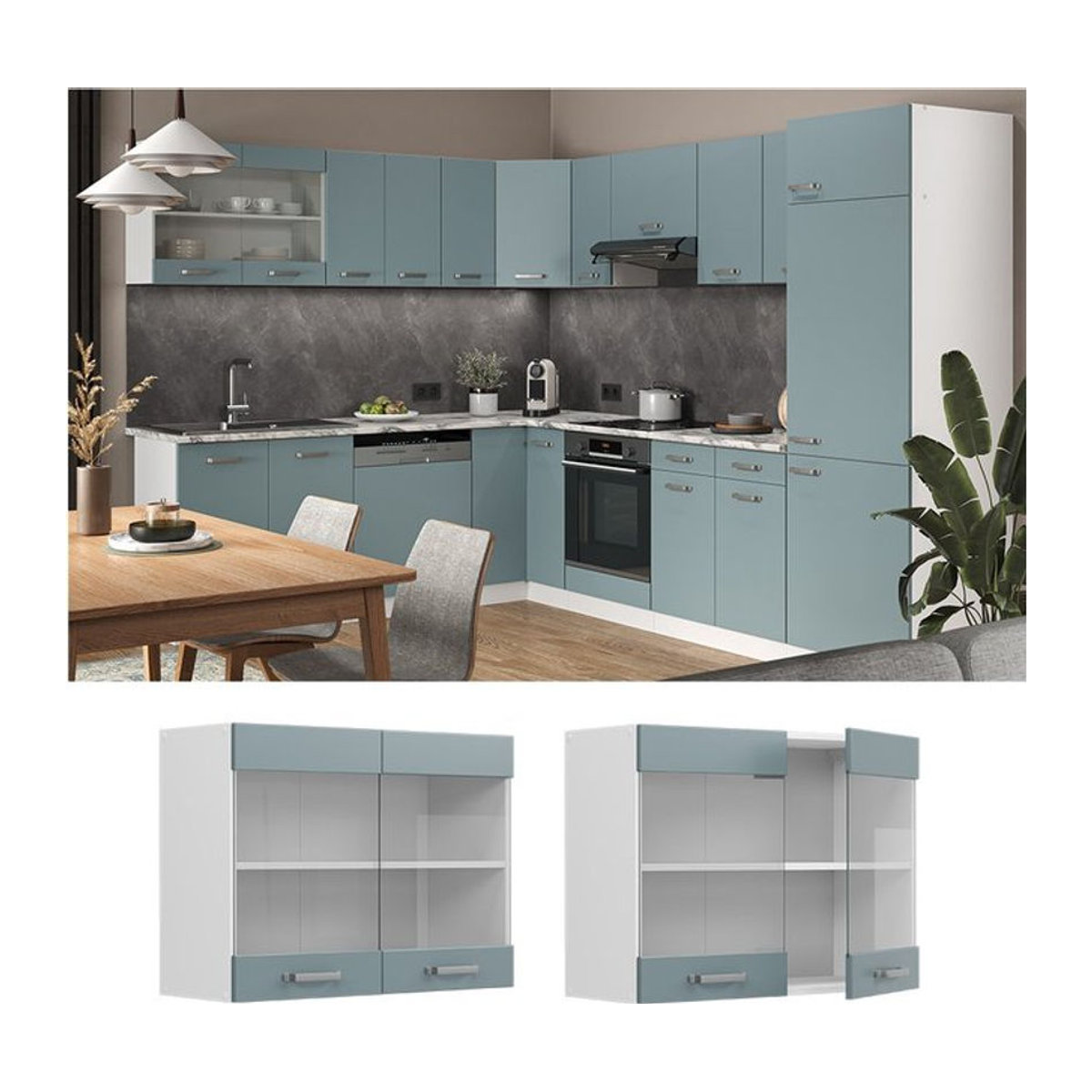 Vicco Glashängeschrank R-Line Solid modern mit Drehtüren, Breite: 80 cm, Weiß Blau Grau - Bild 1