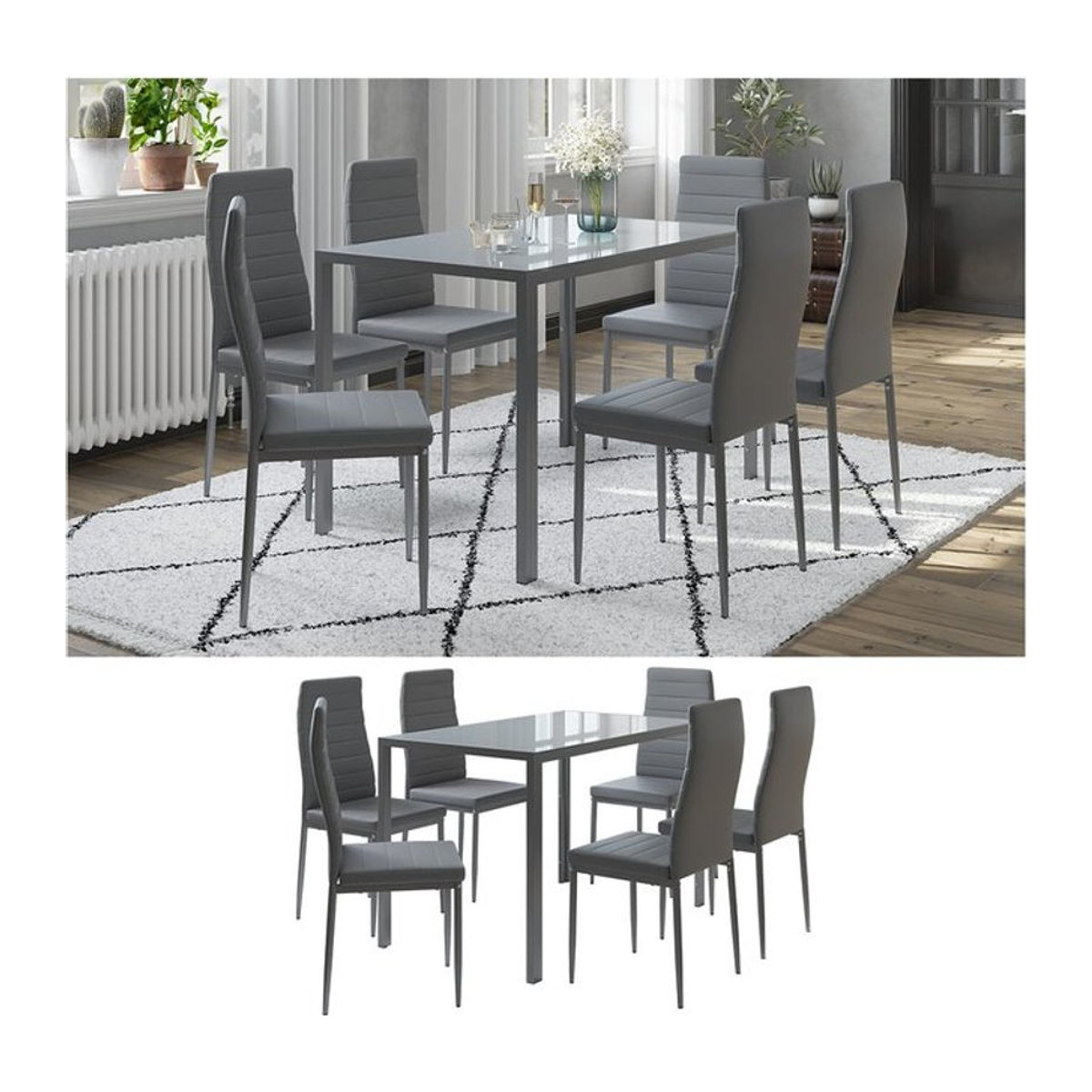 Vicco Grand Metall Moderne Essgruppe in Grau mit Esstisch aus Glas und Metall sowie 6 Essstühlen - Bild 1