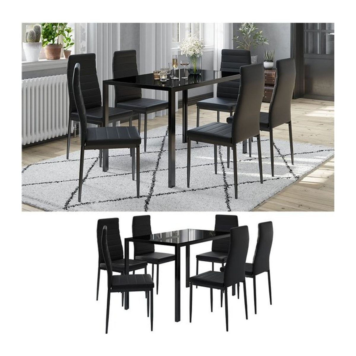Vicco Grand Metall Moderne Essgruppe in Schwarz mit Esstisch aus Glas und Metall sowie 6 Essstühlen - Bild 1