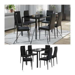 Vicco Grand Metall Moderne Essgruppe in Schwarz mit Esstisch aus Glas und Metall sowie 6 Essstühlen