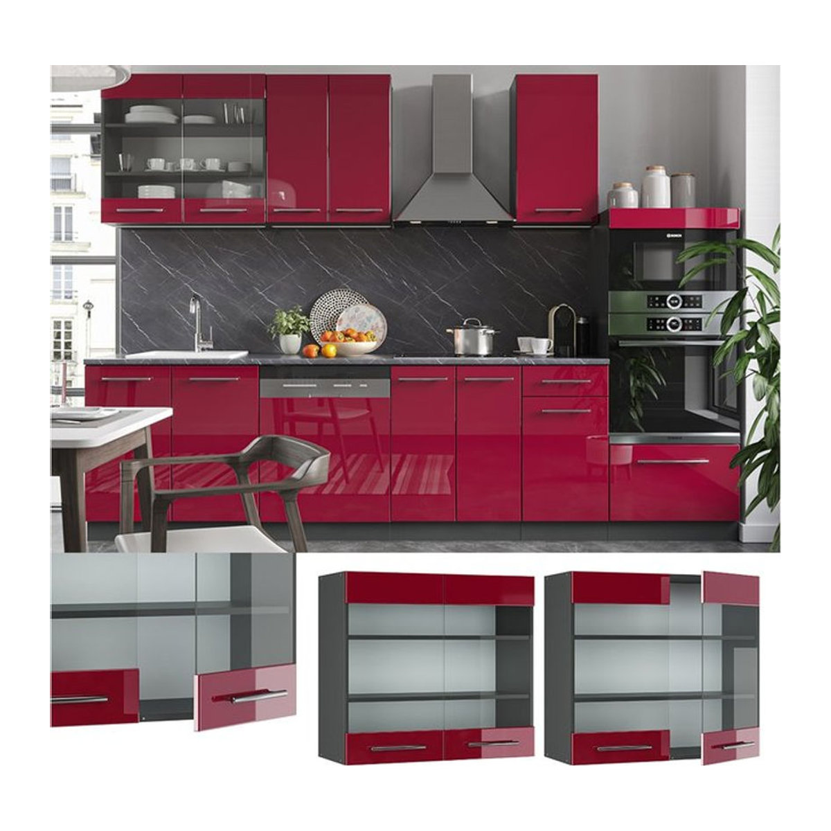 VICCO Hängeglasschrank Fame-Line in Rot mit Glasfront und Drehtüren, Breite: 80 cm - Bild 1