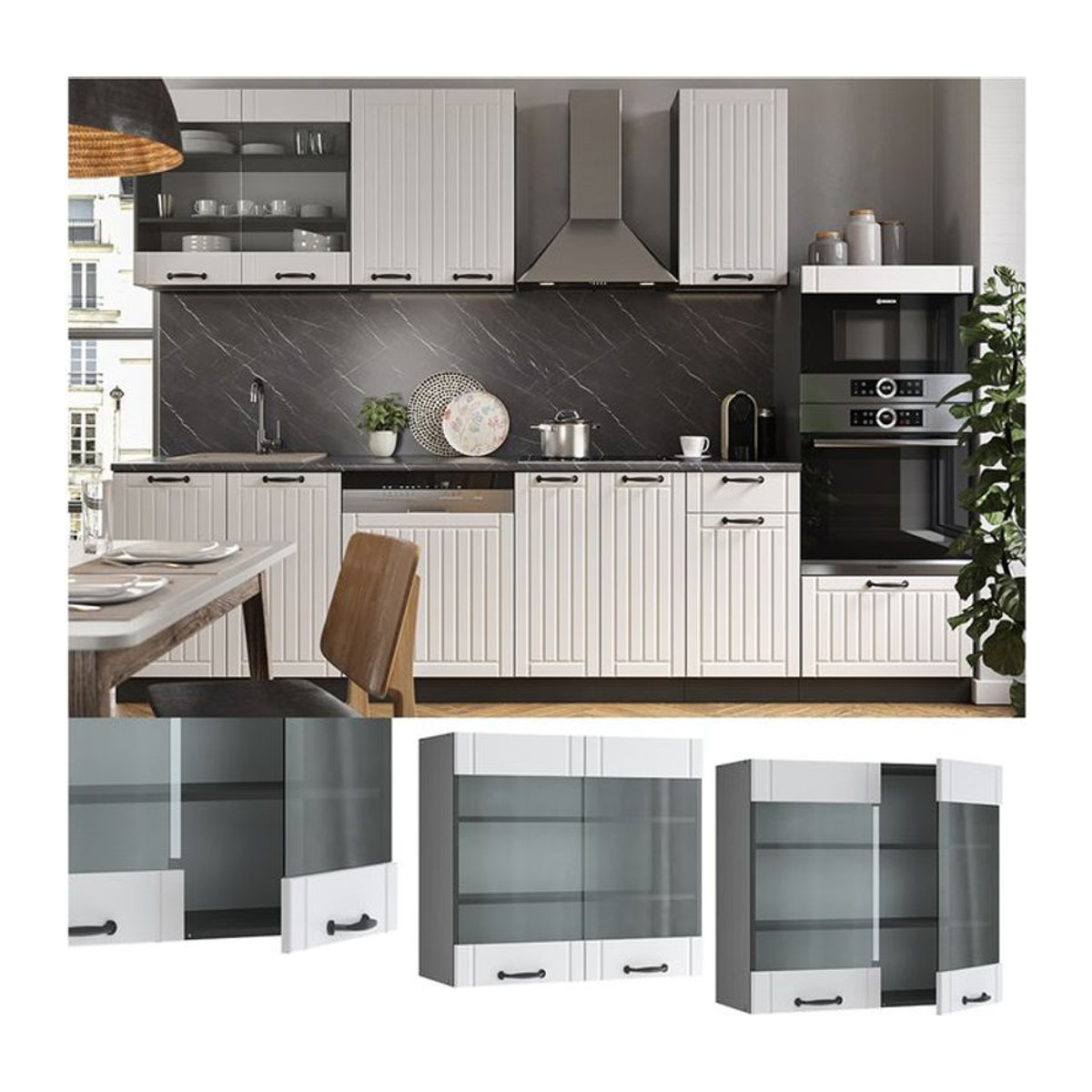 Vicco Hängeglasschrank FAME Line Landhaus Küchenschrank mit Drehtüren in Weiß und Anthrazit, Breite: 80 cm - Bild 1