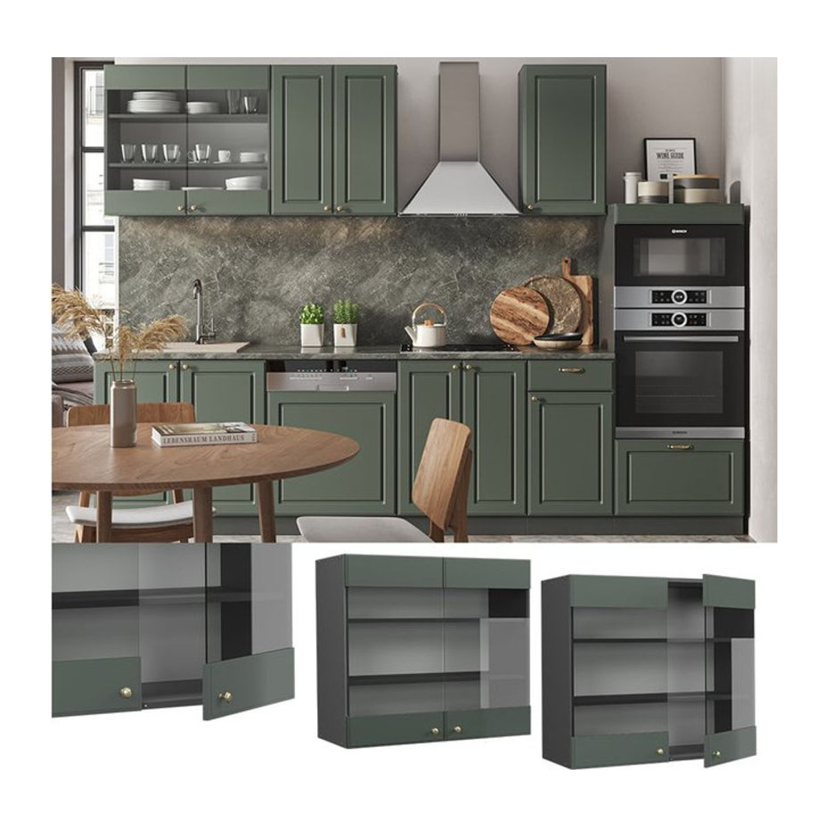 Vicco Hängeglasschrank Fame-Line Landhaus Stil in Anthrazit und Grün mit Drehtüren und Glas, Breite: 80 cm - Bild 1