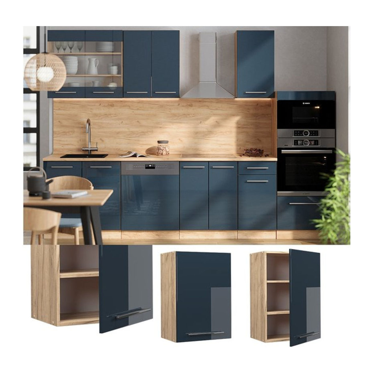 Vicco Hängeschrank Fame-Line in Eiche Dunkel und Blau Hochglanz mit 50 cm Breite - Bild 1