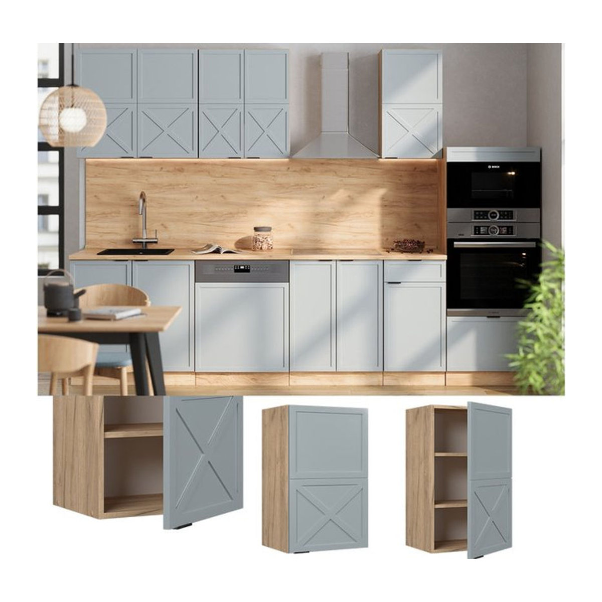 Vicco Hängeschrank Fame-Line in Eiche Natur und Blau-Grau mit Drehtüren - Bild 1