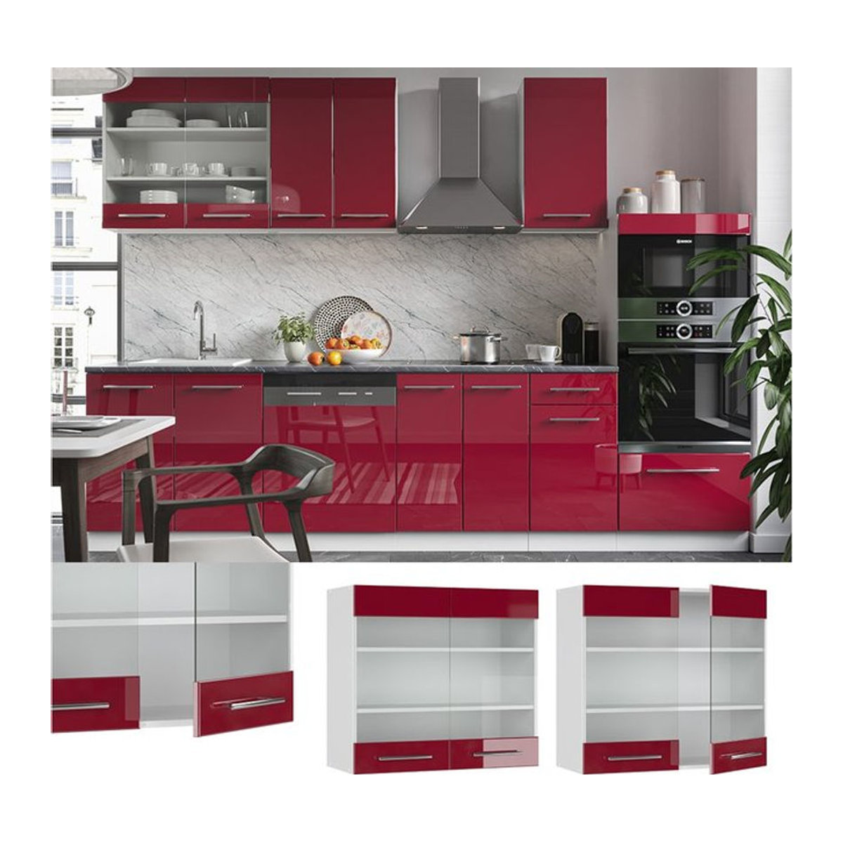 VICCO Hängeschrank Fame-Line mit Glasfront in Bordeaux Rot Hochglanz Breite: 80 cm - Bild 1