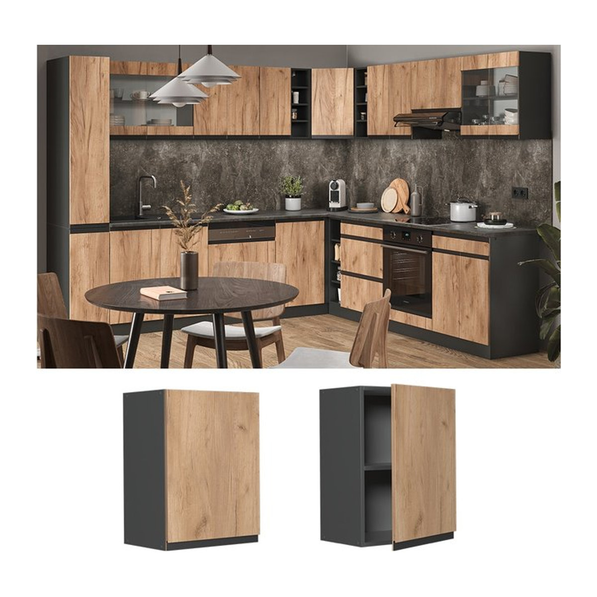 Vicco Hängeschrank R-Line J-Shape Küchenschrank in Anthrazit und Eiche, modern, Breite: 45 cm - Bild 1