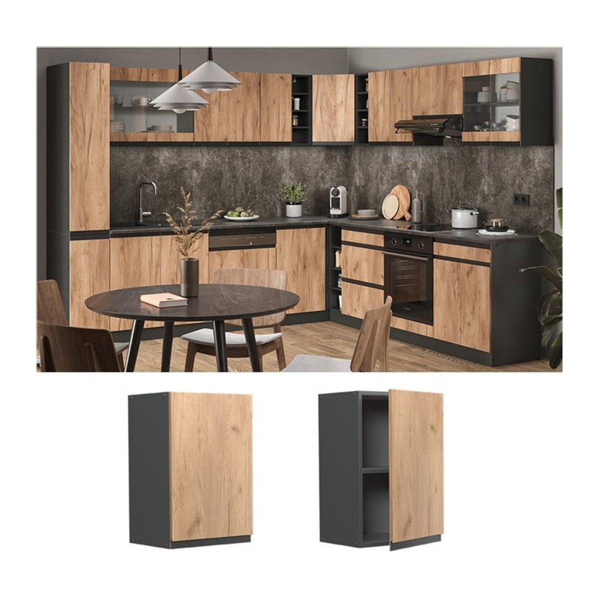 Vicco Hängeschrank R-Line J-Shape Küchenschrank in Anthrazit und Eiche Natur, Breite: 40 cm - Bild 1
