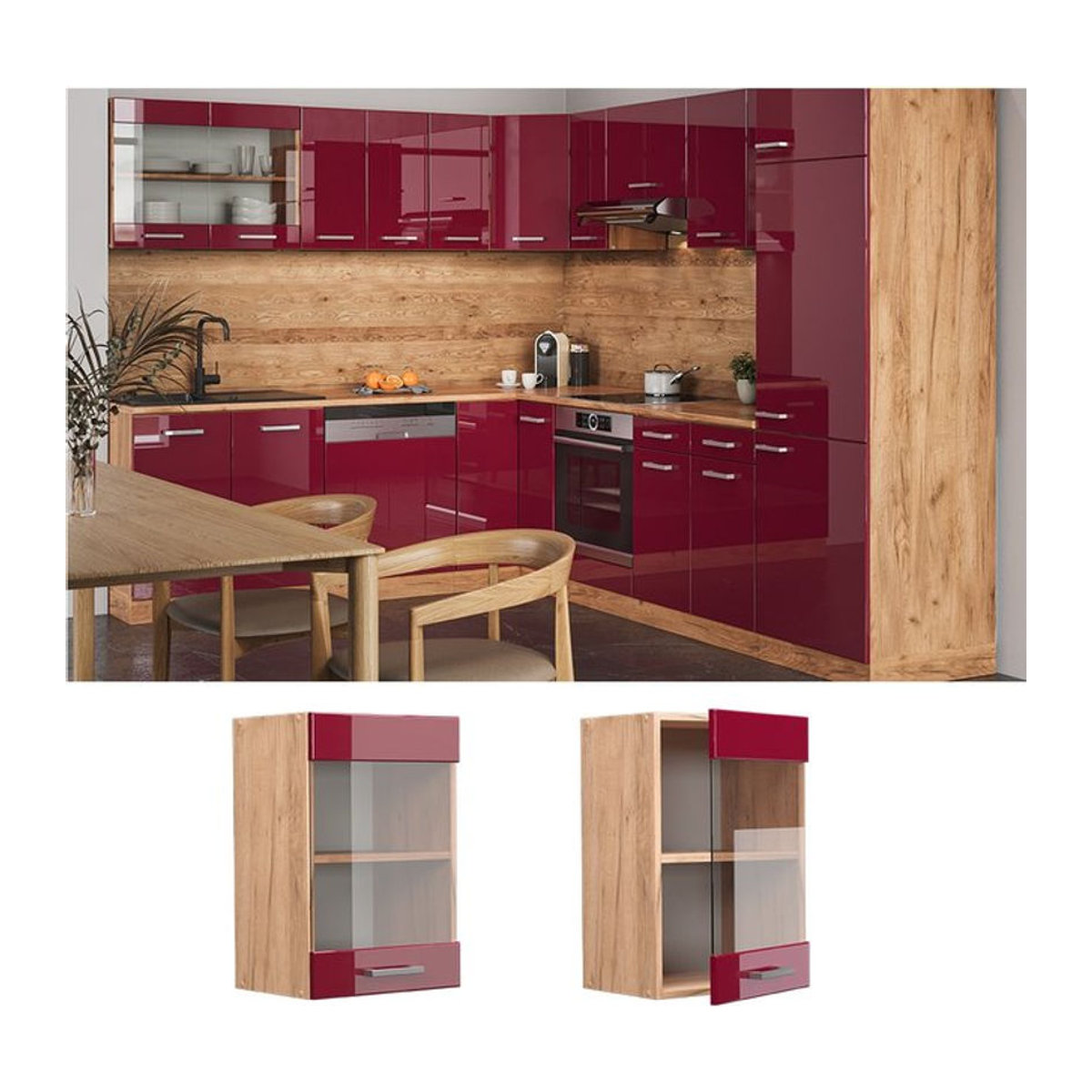 Vicco Hängeschrank R-Line Küchenglasschrank in Rot mit Drehtüren, Breite: 40 cm - Bild 1