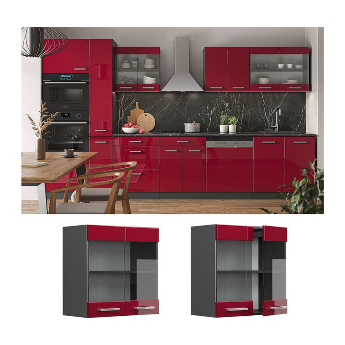 Vicco Hängeschrank R-Line Küchenschrank mit Glastür in Anthrazit und Rot, Breite: 60 cm - Bild 1