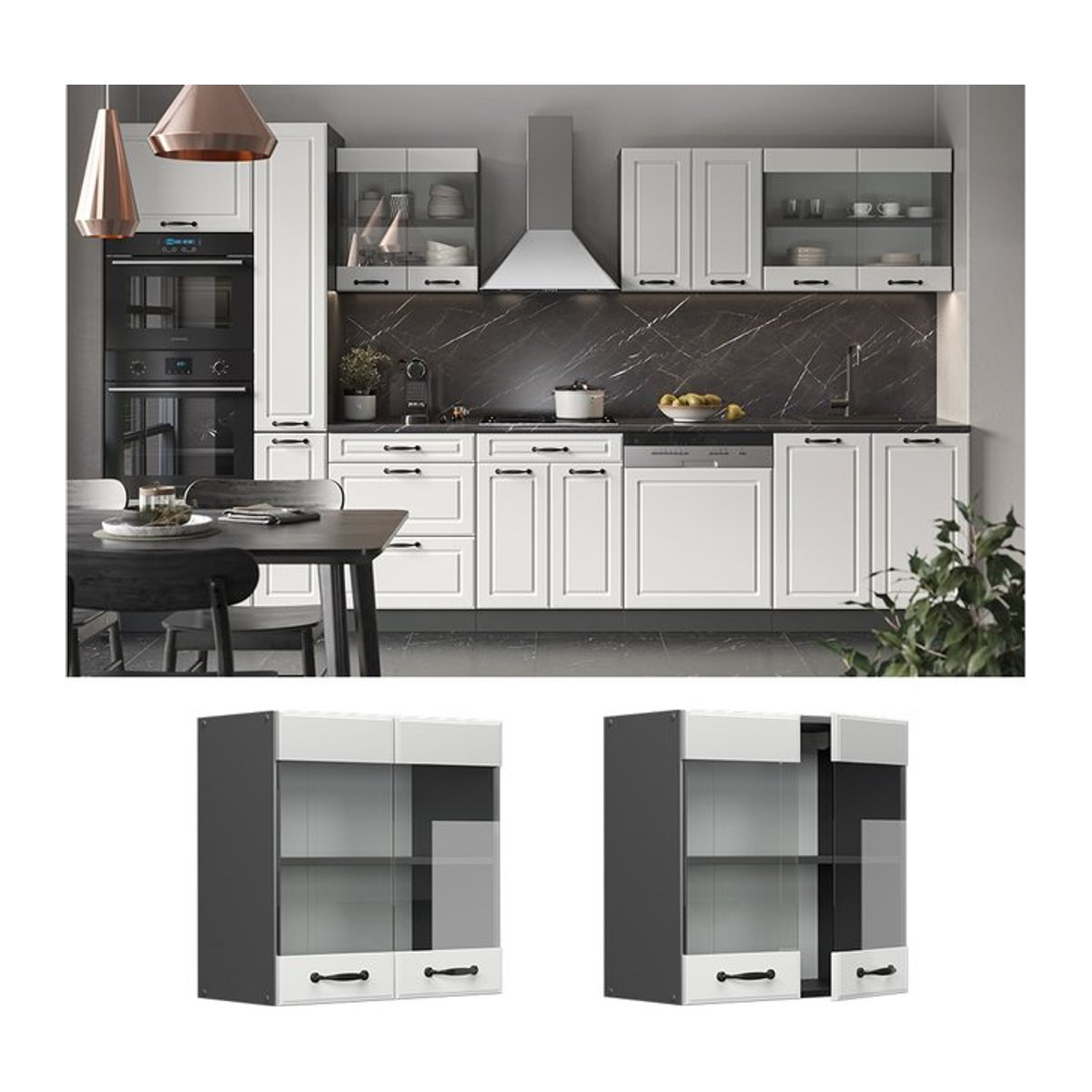 Vicco Hängeschrank R-Line Landhaus Küchenschrank mit Glastüren in Anthrazit und Weiß, Breite: 60 cm - Bild 1