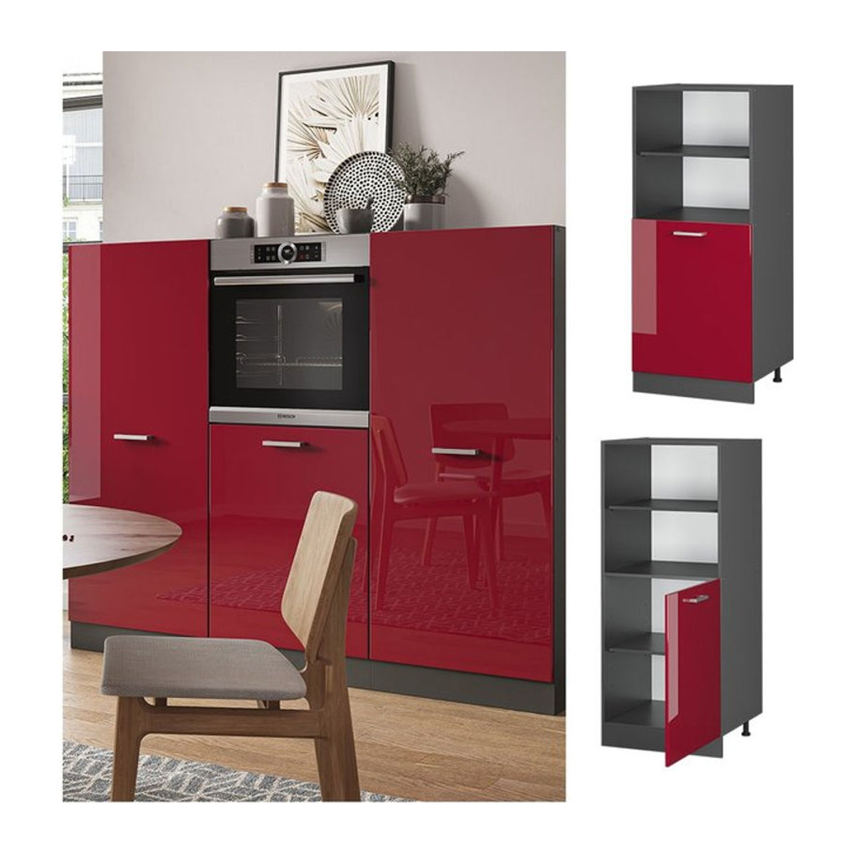 Vicco Herdbauschrank R-Line Unterschrank in Anthrazit und Rot mit Drehtüren, Breite: 60 cm, Höhe: 143 cm, Tiefe: 57,2 cm - Bild 1