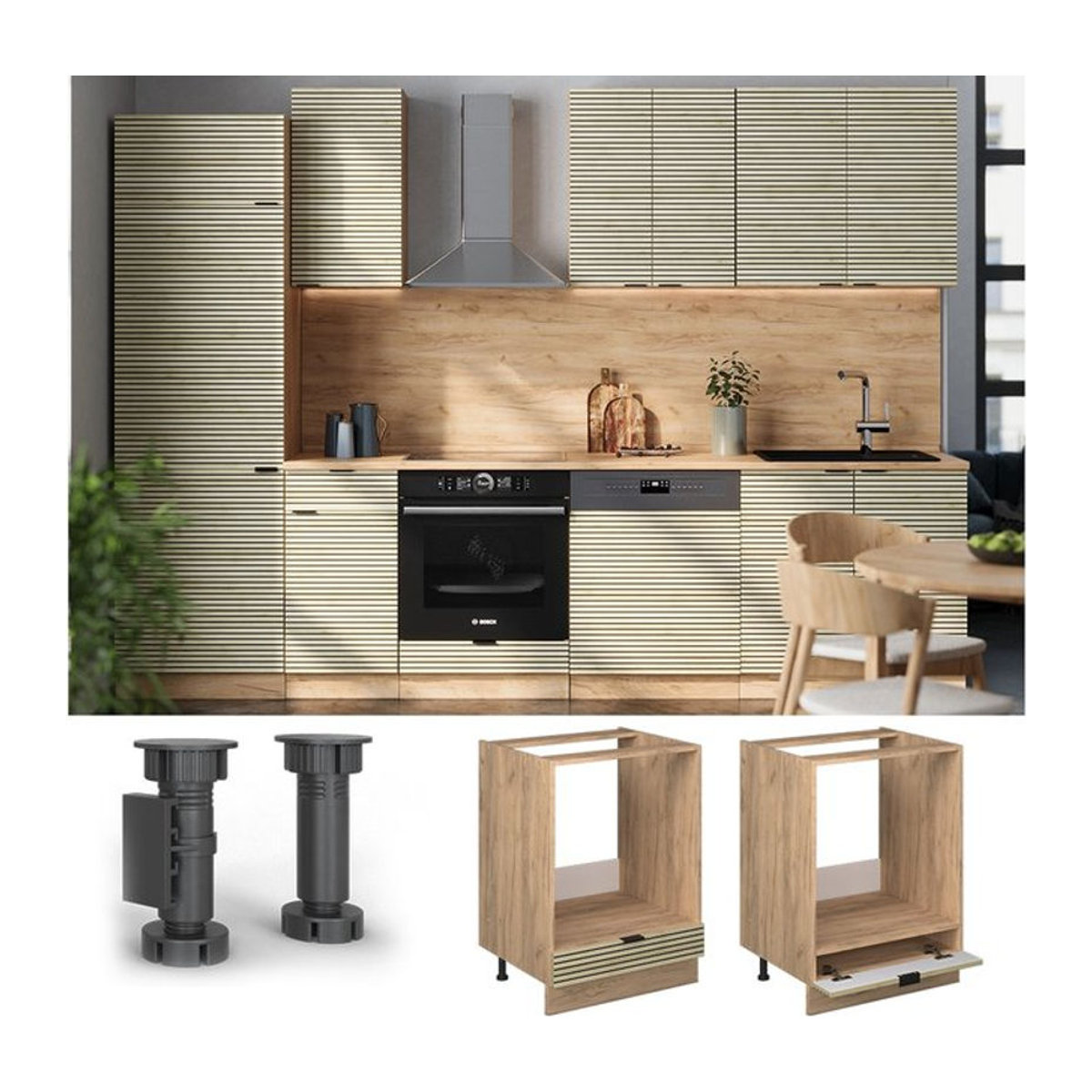 Vicco Herdumbauschrank Fame-Line Unterschrank in Eiche Natur mit Arbeitsplatte in Marmor-Weiß, Breite: 60 cm - Bild 1