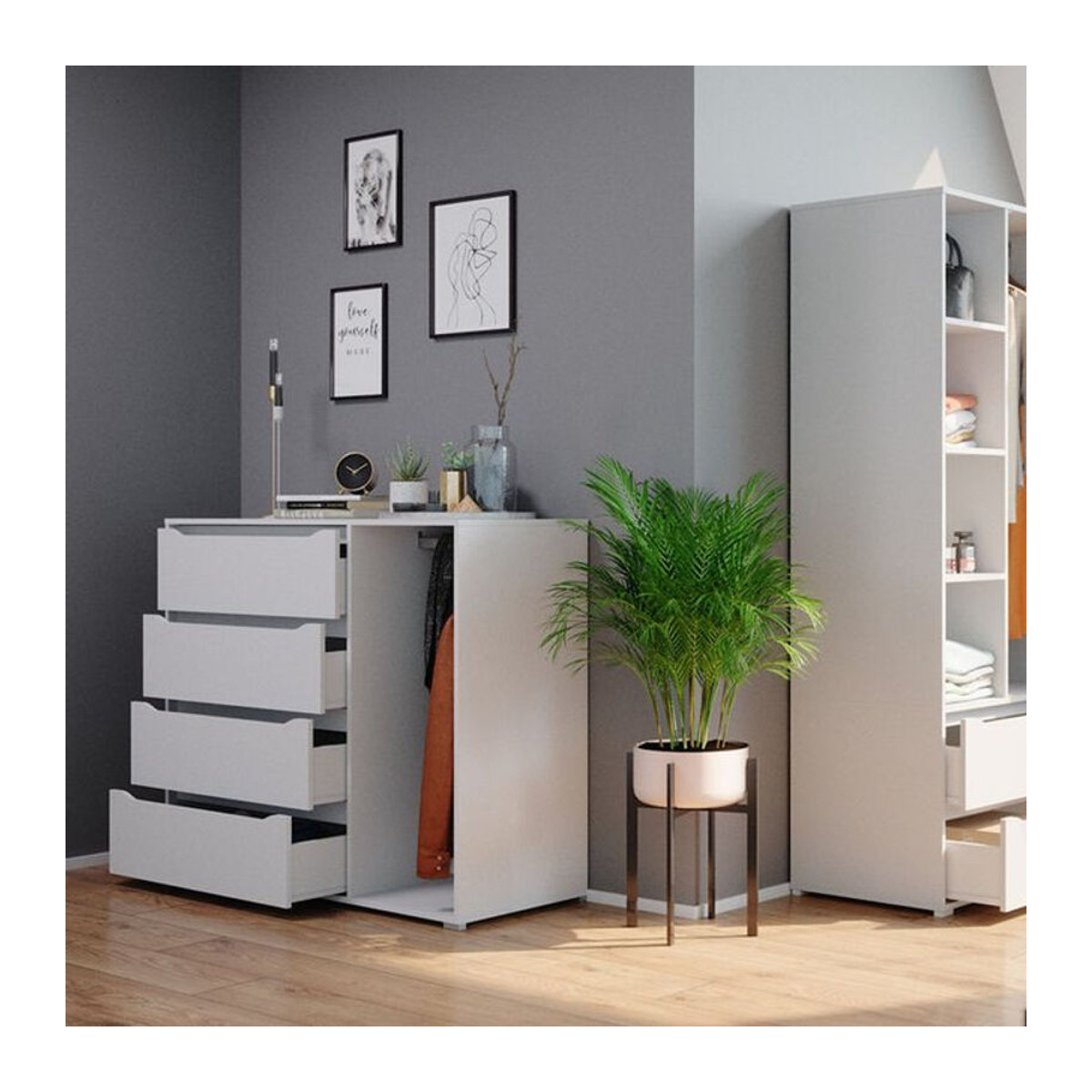 Vicco Highboard Ruben Wäschekommode mit Kleiderstange und 4 Schubladen, Weiß, Breite: 120 cm, Höhe: 101,9 cm - Bild 2