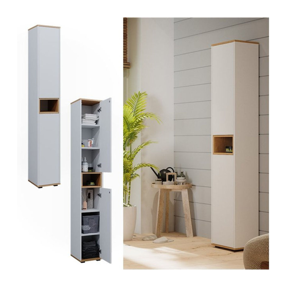 Vicco Hochschrank Didi Weiß Eiche minimalistisch mit 2 Türen B: 30 cm, H: 192 cm - Bild 1