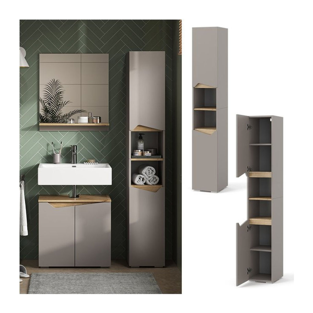 Vicco Hochschrank Marelle Modern in Greige Eiche Natur mit Türen und offenen Fächern B: 30 cm, H: 180 cm - Bild 1
