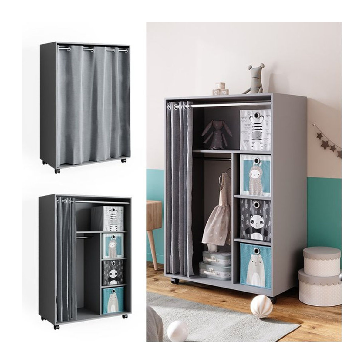 Vicco Kinderkleiderschrank Doros Garderobe Grau Modern B: 100 cm, H: 147 cm - Bild 1
