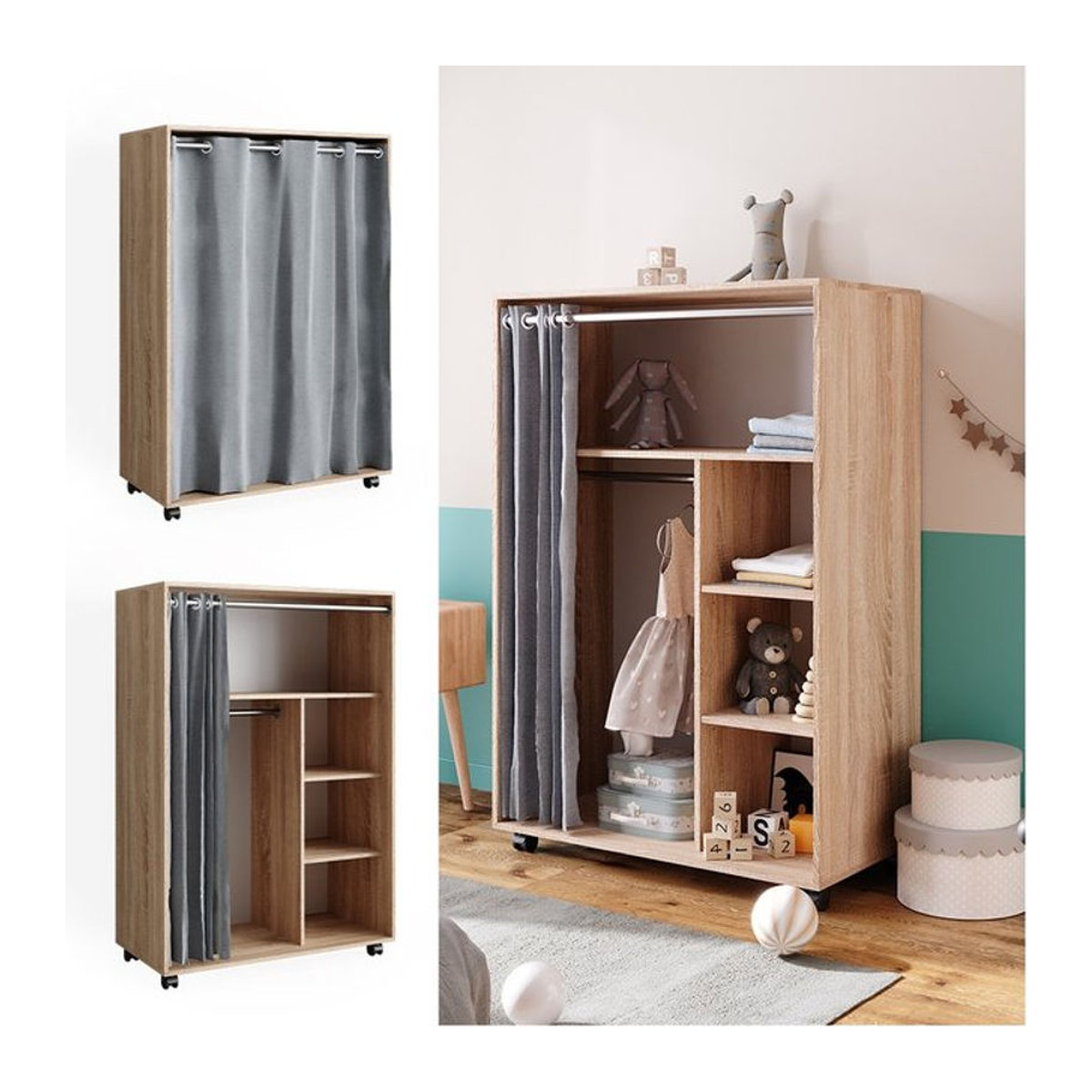 Vicco Kinderkleiderschrank Doros Garderobe Sonoma Modern, offen und rollbar, Breite: 100 cm, Höhe: 147 cm - Bild 1