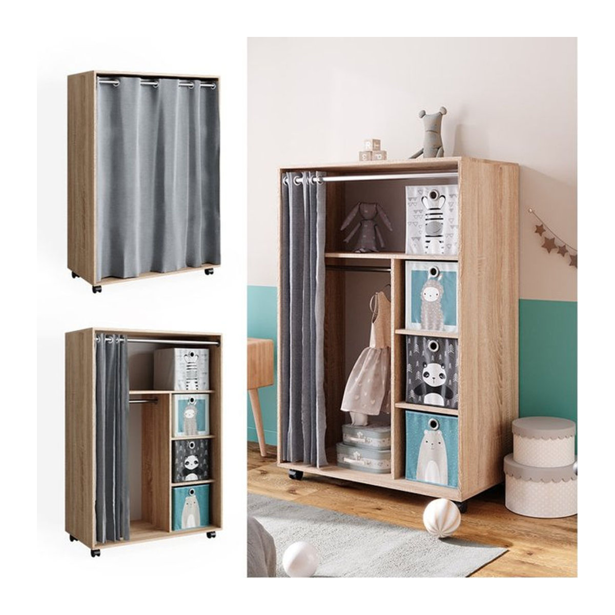 Vicco Kinderkleiderschrank Doros Sonoma Modern mit Faltboxen und Rollen B: 100 cm, H: 147 cm - Bild 1