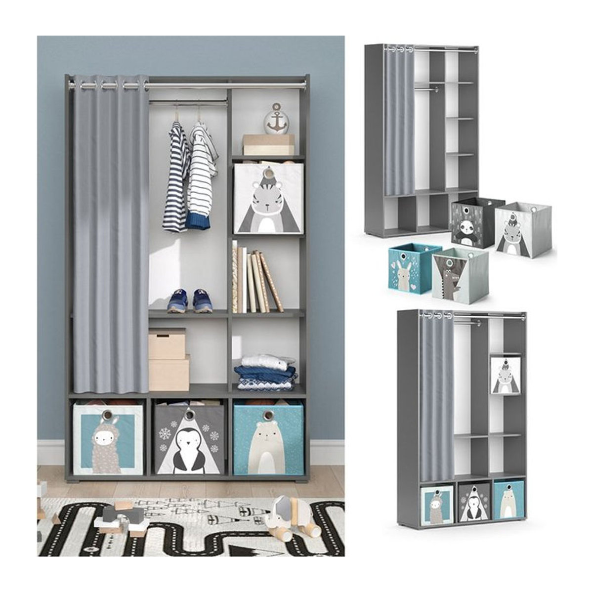 Vicco Kinderkleiderschrank Luigi in Grau mit Faltbox und Vorhang für das Kinderzimmer, B/H: 106 x 178 cm - Bild 1
