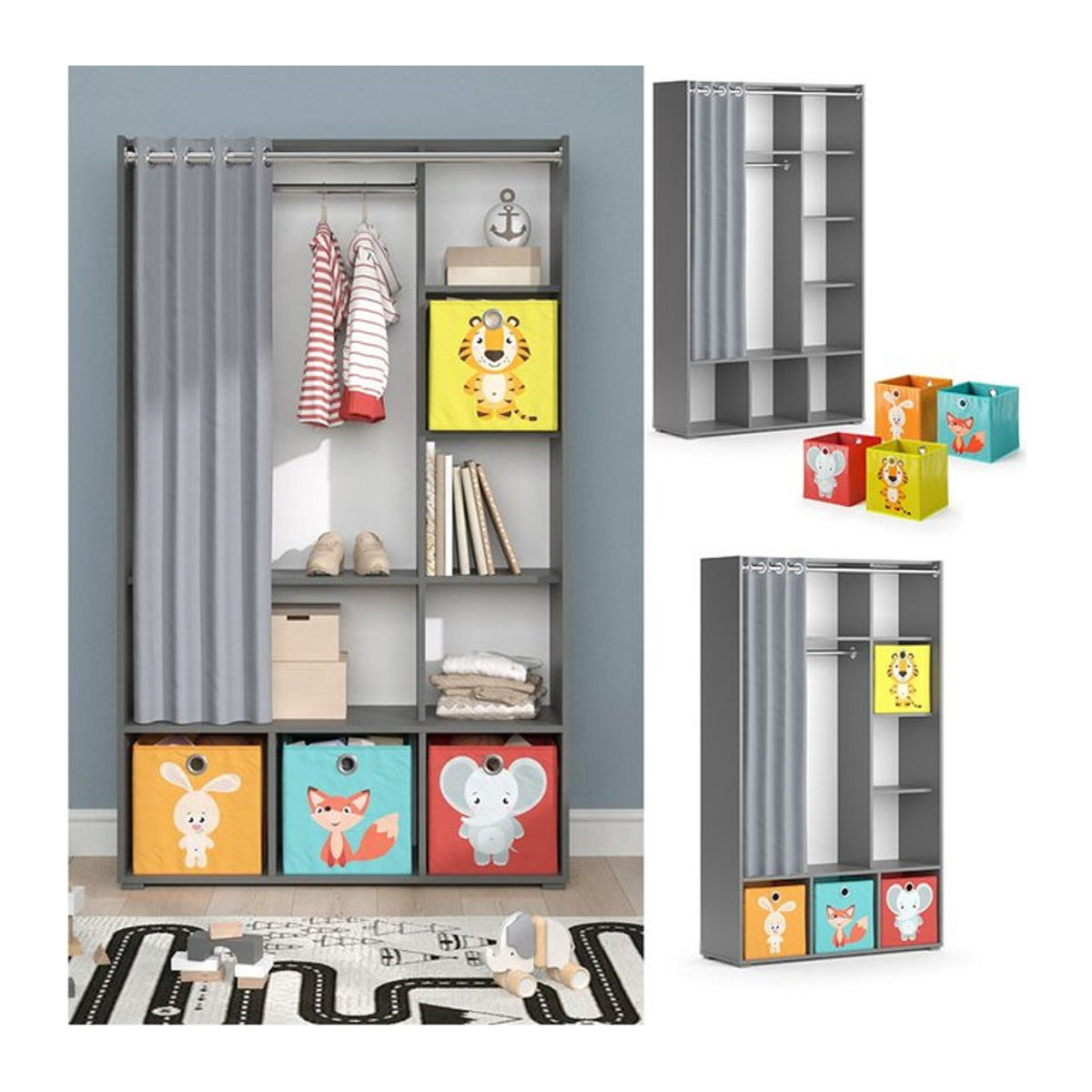 Vicco Kinderkleiderschrank Luigi in Grau mit Faltbox und Vorhang, moderner Stoffschrank aus Holzwerkstoff, B: 106 cm, H: 178 cm - Bild 1