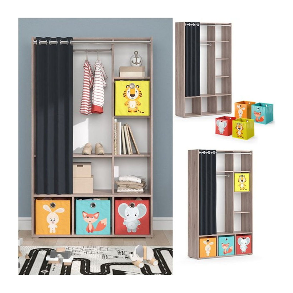 Vicco Kinderkleiderschrank Luigi in Sonoma Braun mit bunten Faltboxen, B/H: 106 x 178 cm - Bild 1