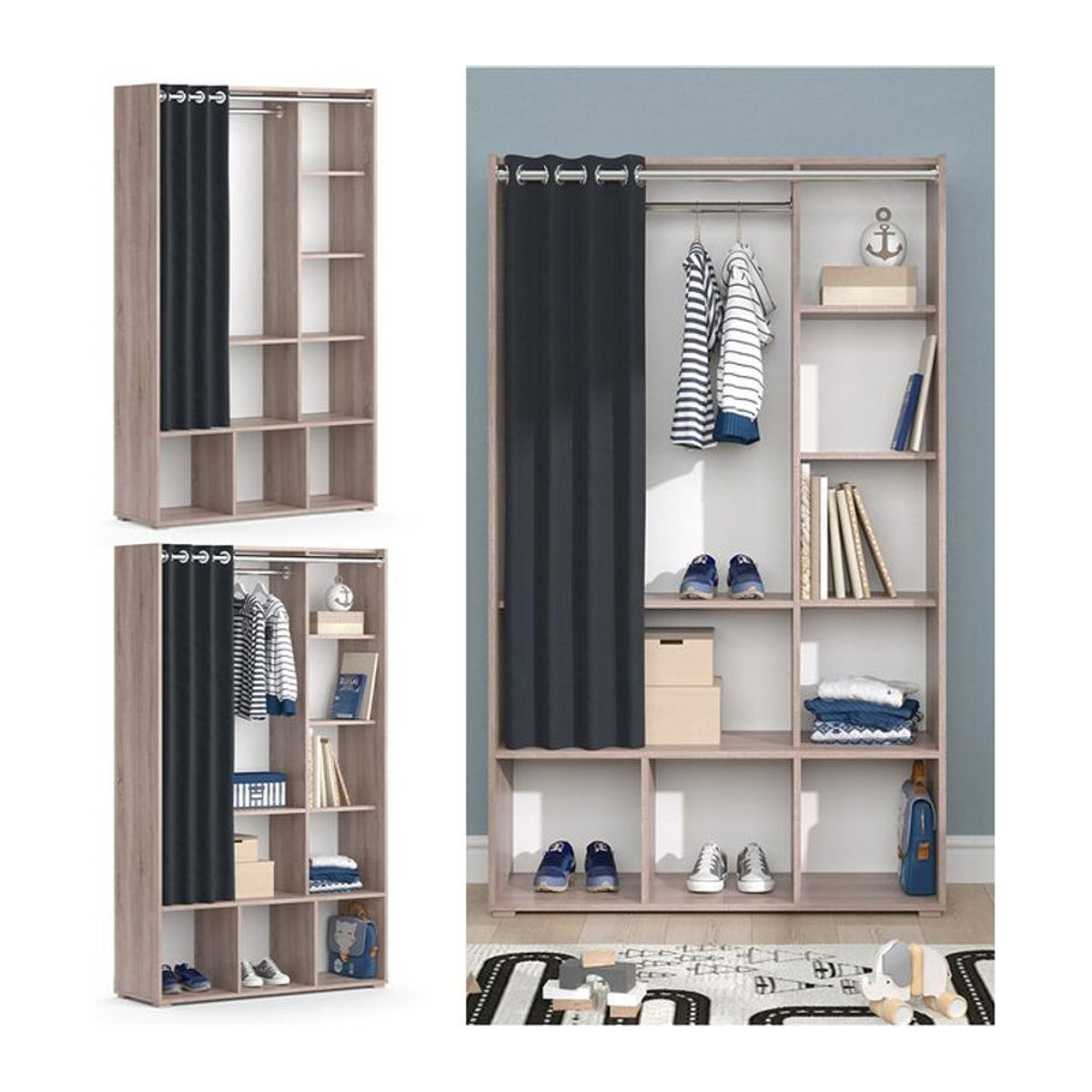 Vicco Kinderkleiderschrank Luigi in Sonoma Braun mit Vorhang und Fächern, B: 106 cm, H: 178 cm - Bild 1