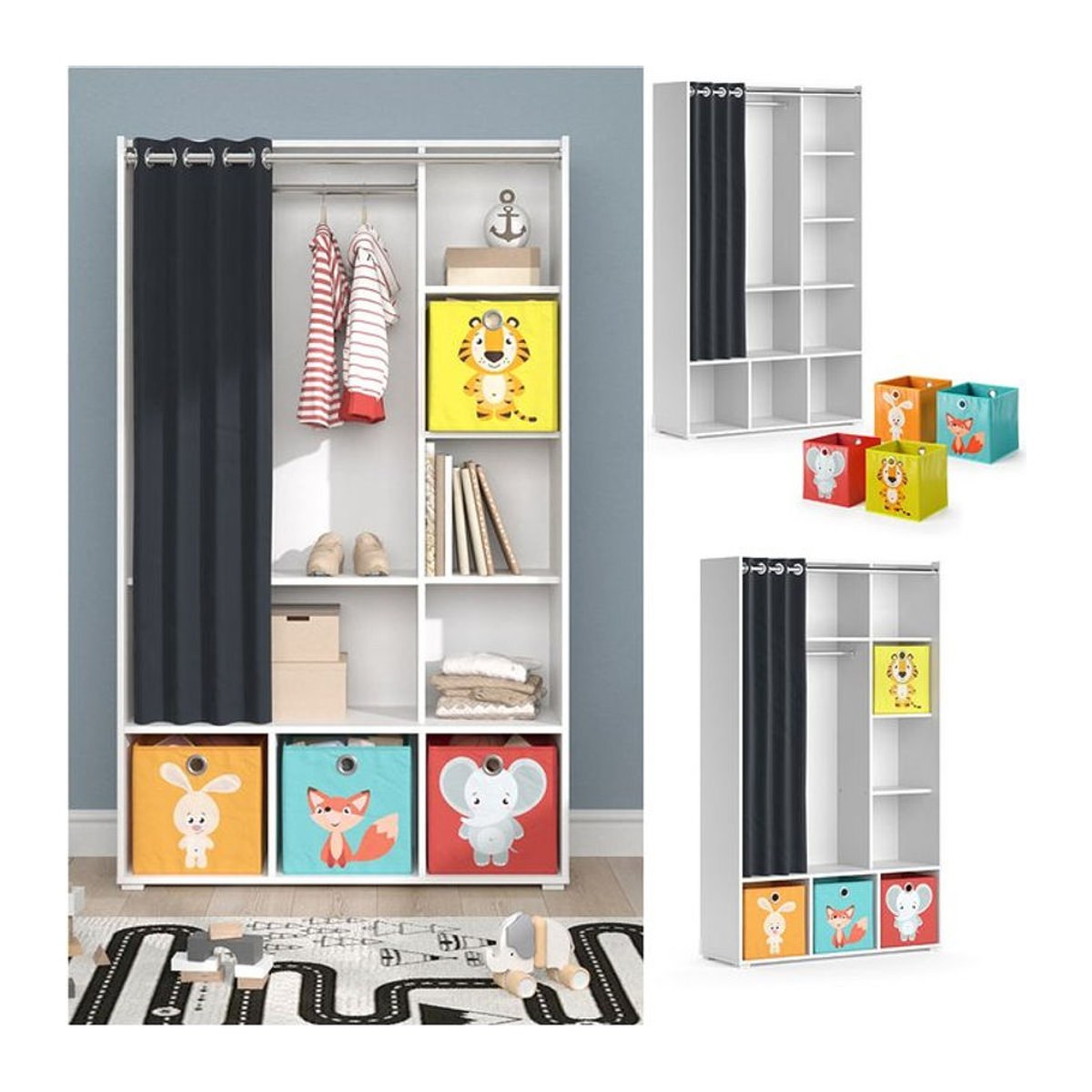 Vicco Kinderkleiderschrank Luigi Weiß mit Faltbox und Vorhang, moderner Organizer für das Kinderzimmer, B: 106 cm, H: 178 cm - Bild 1