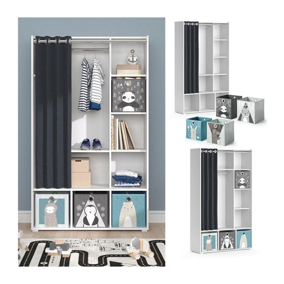 Vicco Kinderkleiderschrank Luigi Weiß mit Faltbox und Vorhang, moderner Organizer für das Kinderzimmer, B: 106 cm, H: 178 cm - Bild 1