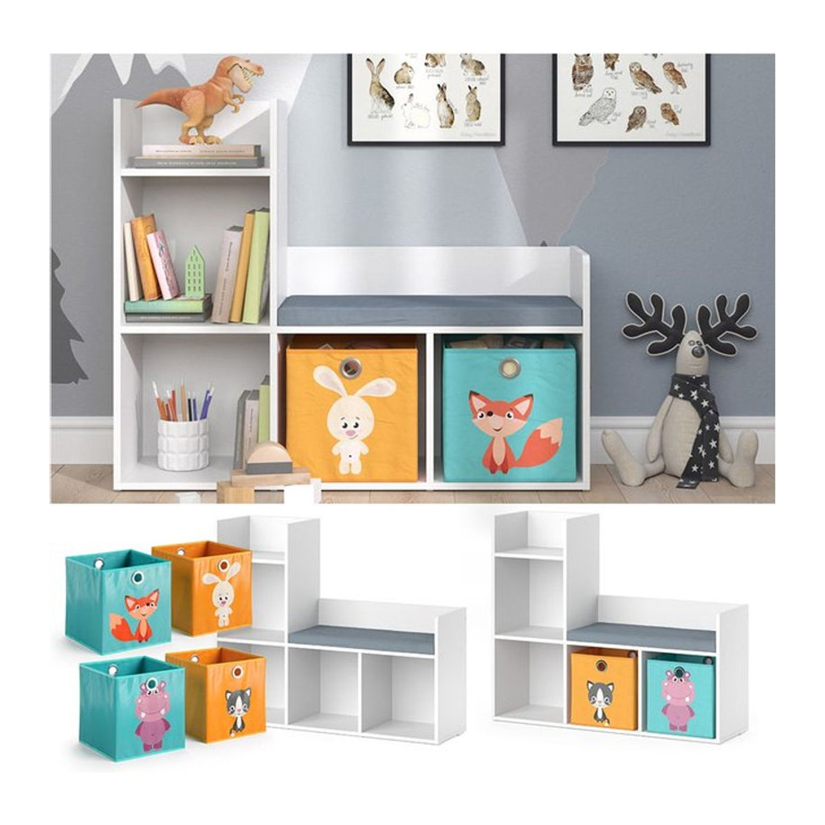 Vicco Kinderregal Luigi als Bücherregal und Sitzbank mit Faltboxen in Weiß - Bild 1