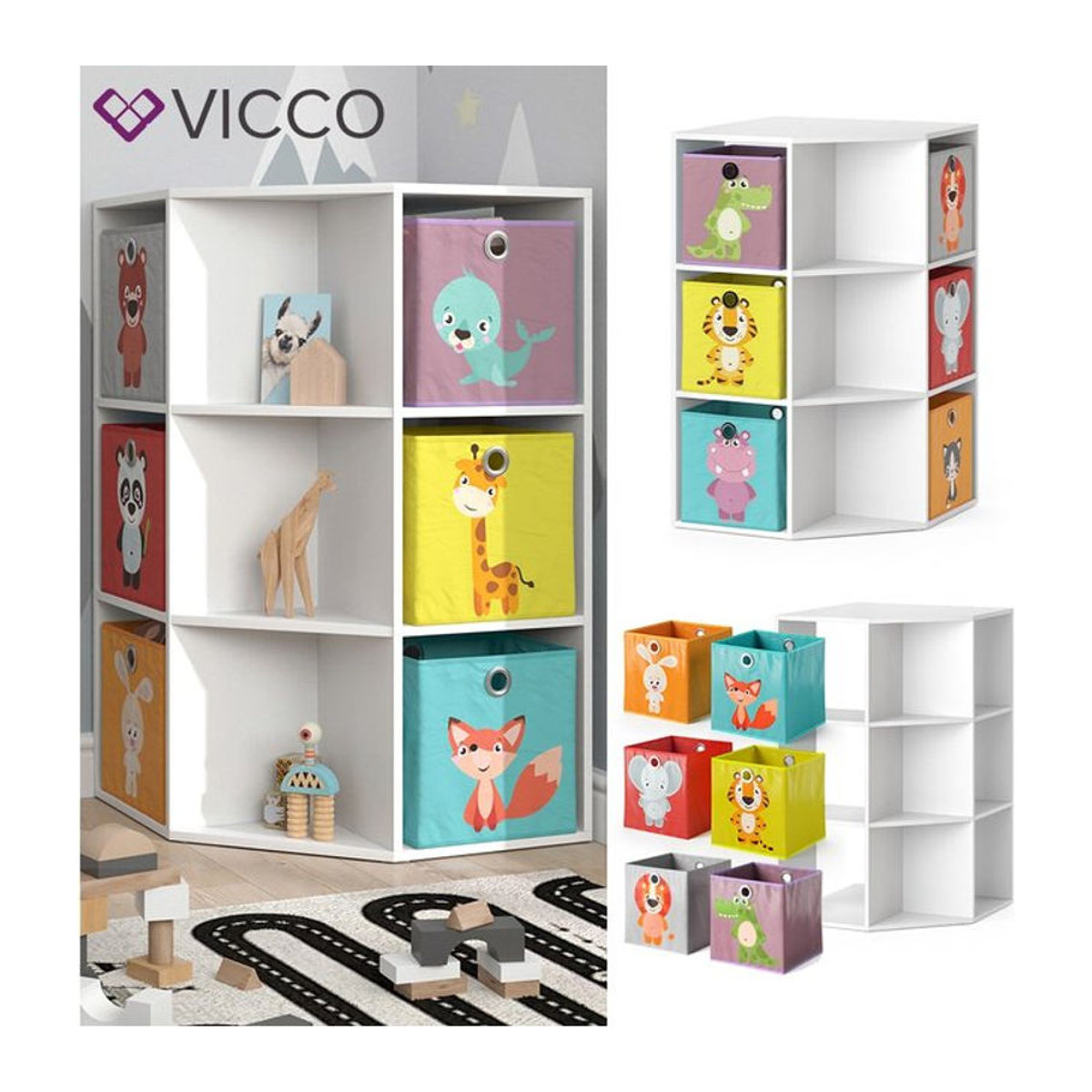 Vicco Kinderregal Luigi Eckregal mit 6 Faltboxen in Weiß, B: 64 cm, H: 107,8 cm - Bild 1