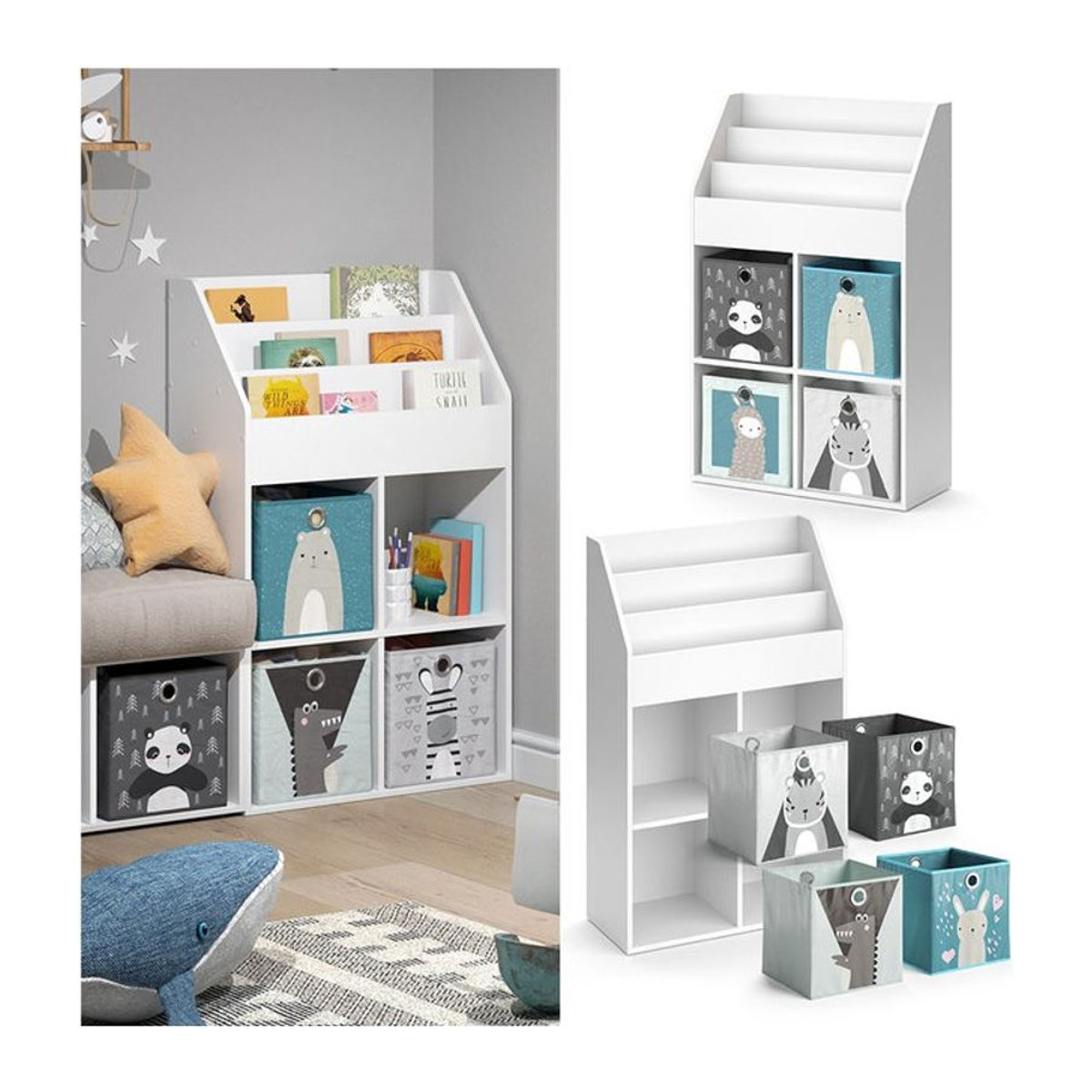Vicco Kinderregal Luigi in Weiß mit 4 Faltboxen, Aufbewahrungsregal und Spielzeugablage, B: 72 cm, H: 114,2 cm, T: 31,2 cm - Bild 1