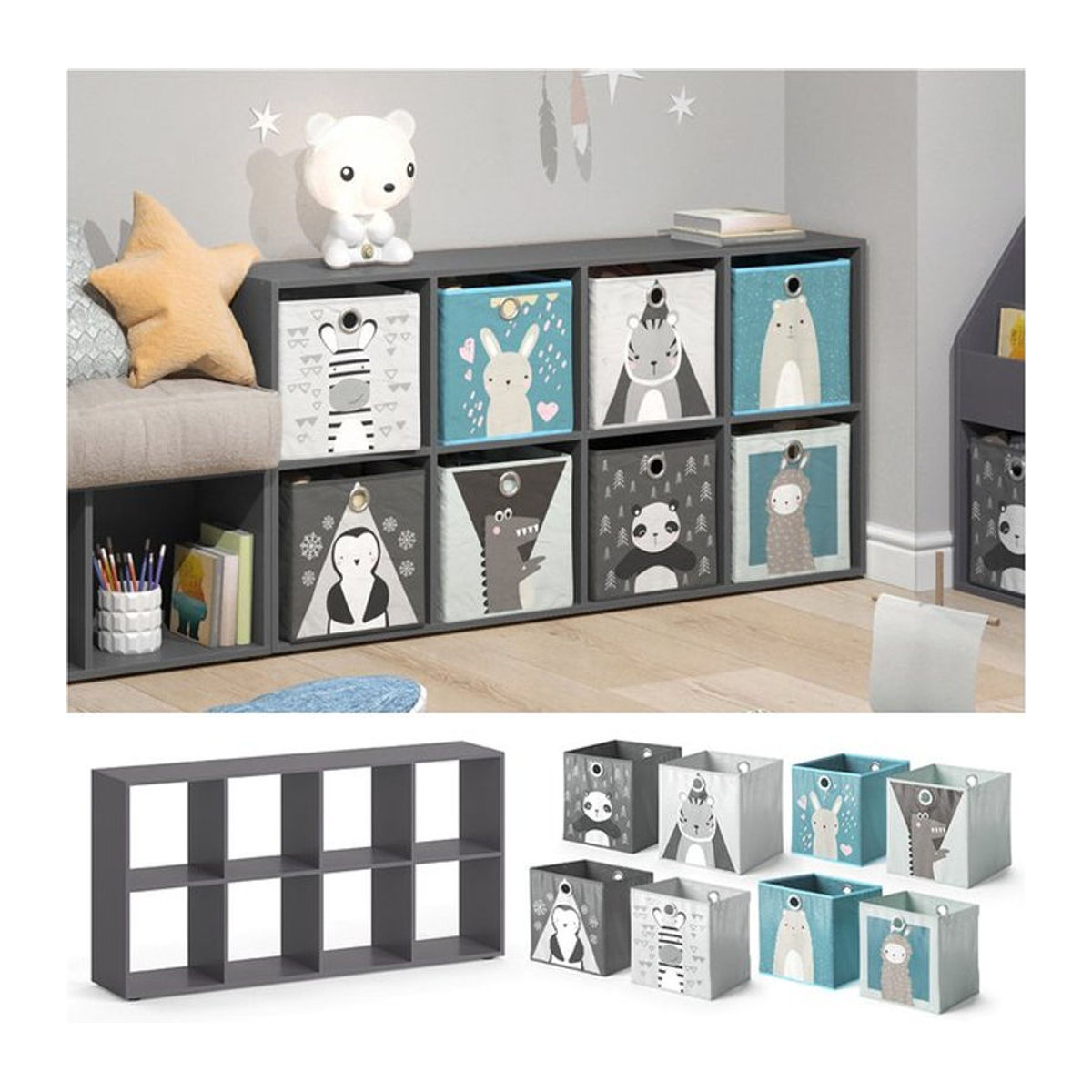 Vicco Kinderregal Scutum Raumteiler Bücherregal in Grau mit 8 Faltboxen, H: 143,57 cm, B: 72,6 cm, T: 27,93 cm - Bild 1