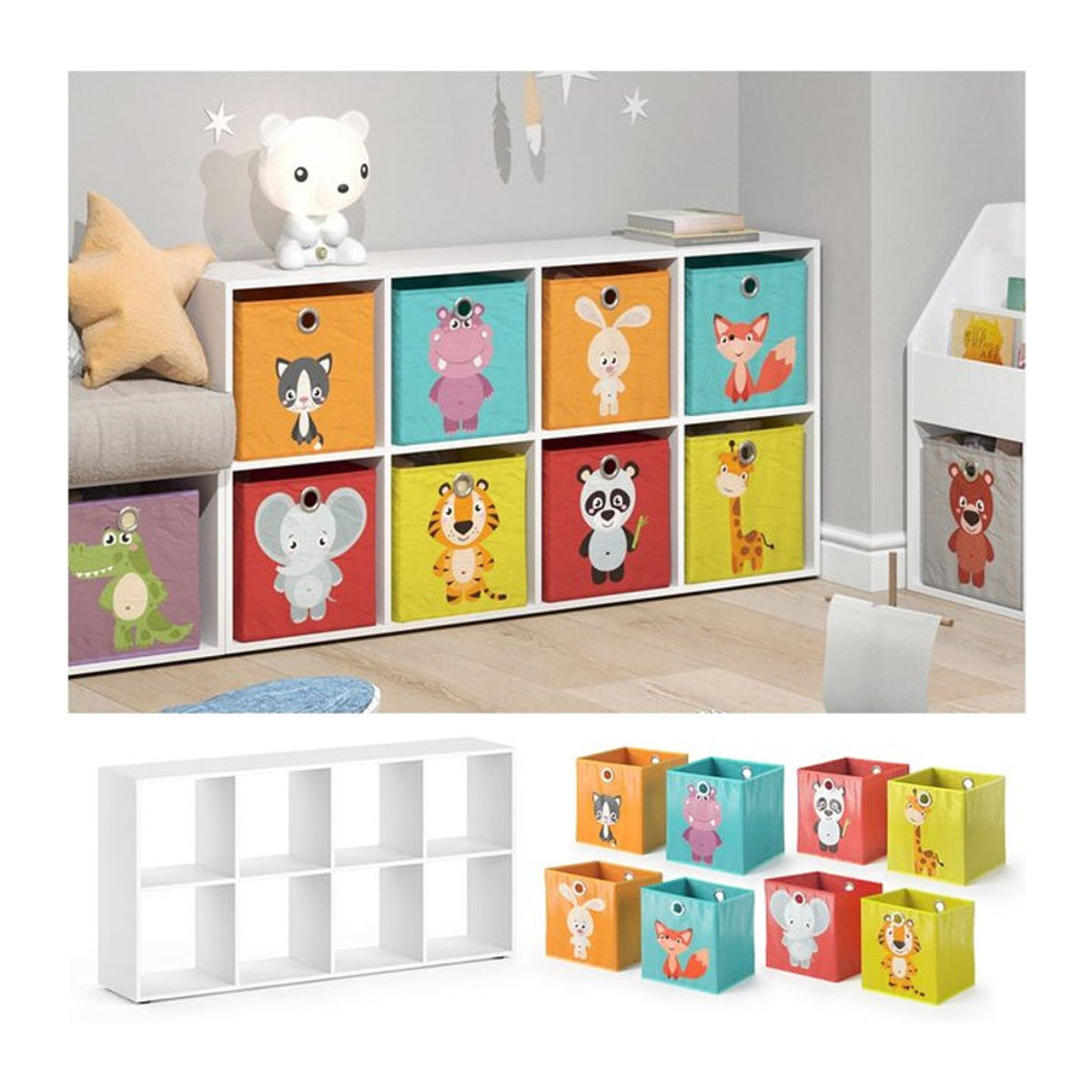 Vicco Kinderregal Scutum Weiß als Bücherregal und Wandregal mit 8 Faltboxen, H: 143 cm, B: 72,6 cm, T: 27,93 cm - Bild 1
