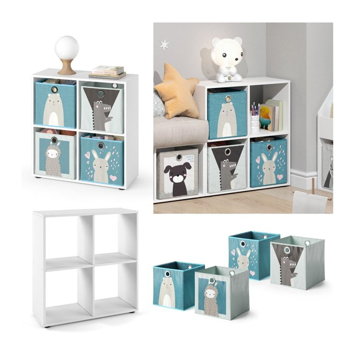 Vicco Kinderregal Tetra in Weiß mit 4 Faltboxen in Grau und Blau, B/H: 72,6 x 72 cm - Bild 1