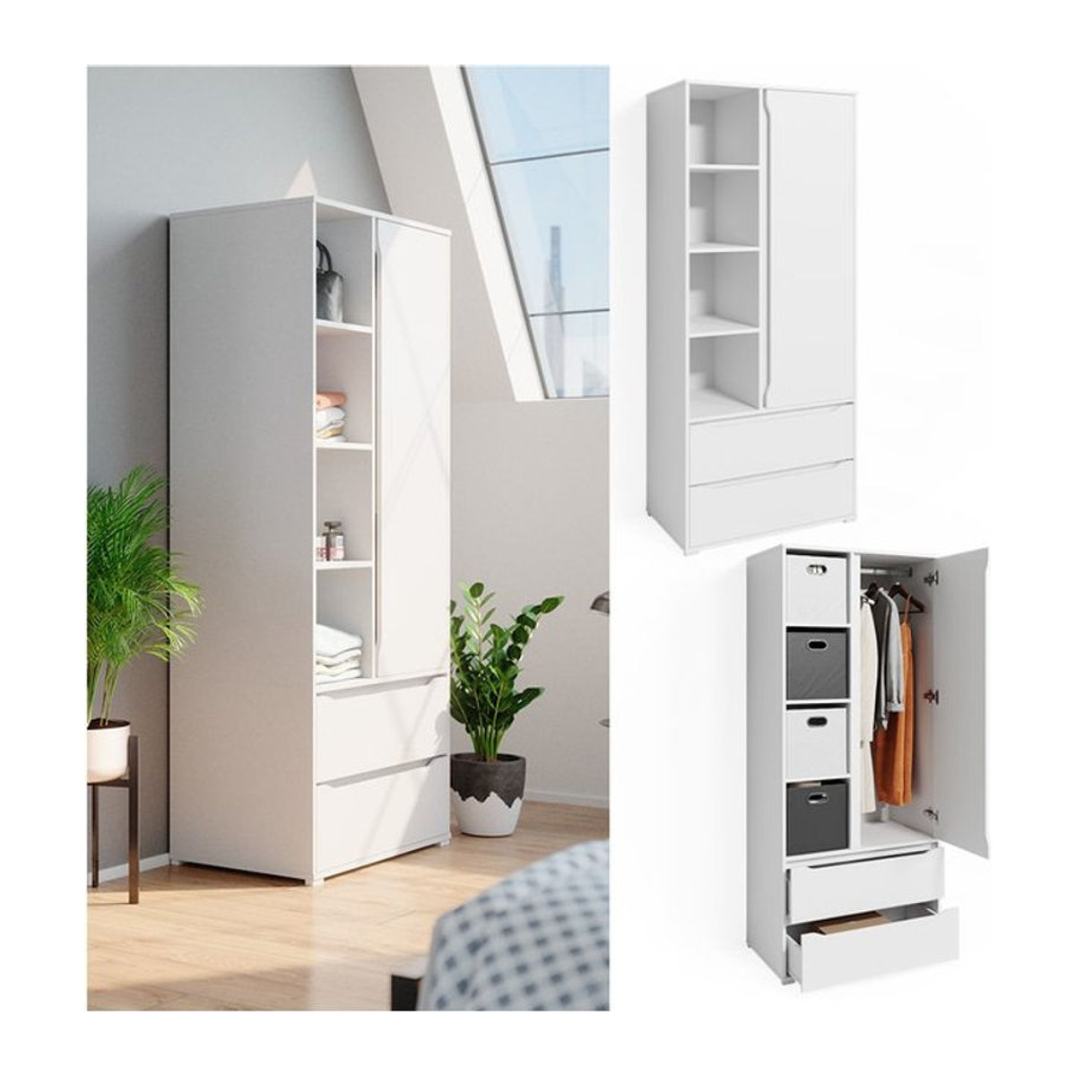 Vicco Kleiderschrank Ruben in Weiß mit Drehtüren, Kleiderstange und Schubladen, Breite: 80 cm - Bild 1