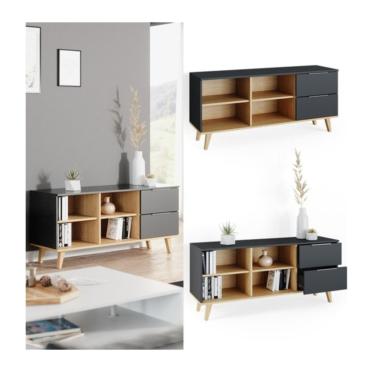 Vicco Kommode Neptune Anrichte im skandinavischen Design Anthrazit/Buche Breite: 134 cm - Bild 1
