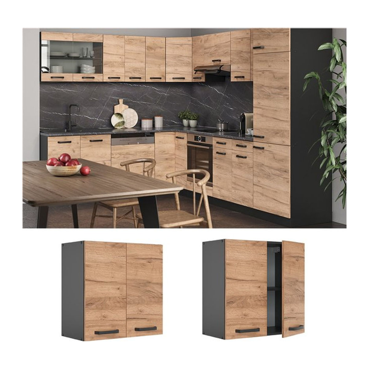 Vicco Küchen-Hängeschrank R-Line Modern aus Holzwerkstoff mit Drehtüren, Breite: 60 cm, Farben: Anthrazit oder Goldkraft Eiche - Bild 1