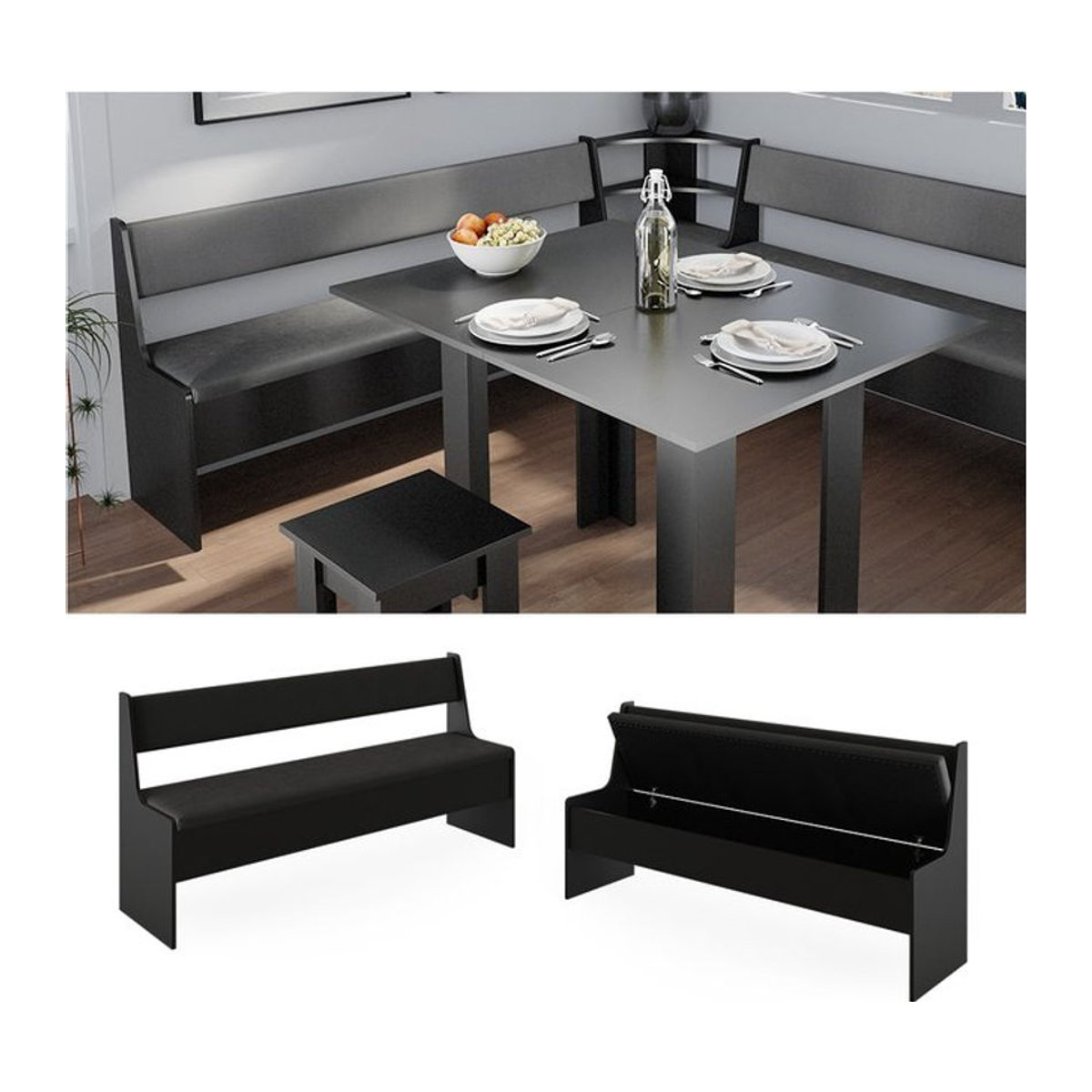 Vicco Küchenbank Roman Schwarz als moderne Sitztruhe für dein Esszimmer, Breite: 167 cm, Tiefe: 41,5 cm, Höhe: 80 cm - Bild 1