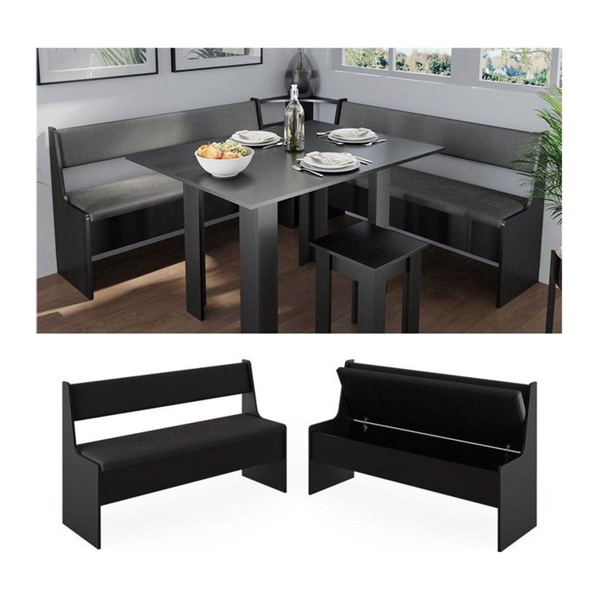 Vicco Küchenbank Roman Schwarz Modern als Sitztruhe aus Kunstleder mit Breite: 137 cm - Bild 1