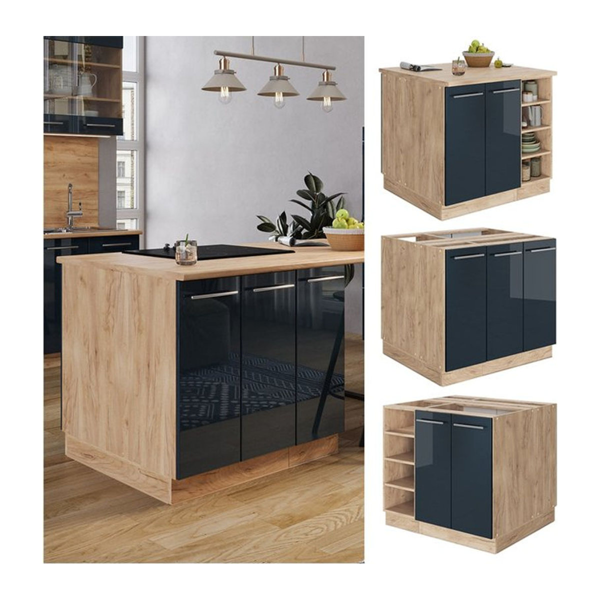 Vicco Kücheninsel Fame-Line in Eiche Dunkel und Blau Hochglanz mit Drehtüren, Breite: 90 cm - Bild 1