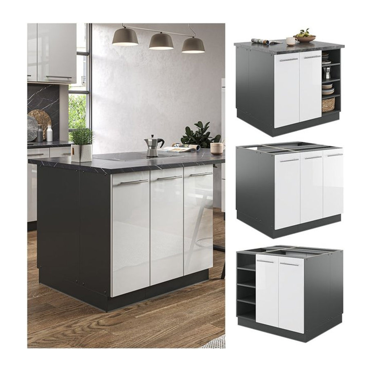 Vicco Kücheninsel Fame-Line Küchenblock in Anthrazit und Weiß, moderner Hochglanz-Unterschrank mit 90 cm Breite und Softclose-Scharnieren - Bild 1