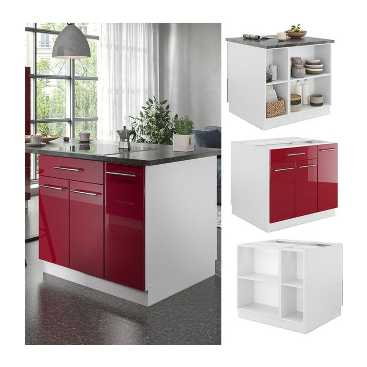 Vicco Kücheninsel Fame-Line Küchenblock in Weiß und Bordeaux-Rot mit Hochglanz-Finish, Breite: 90 cm, moderner Unterschrank mit Softclose-Scharnier - Bild 1